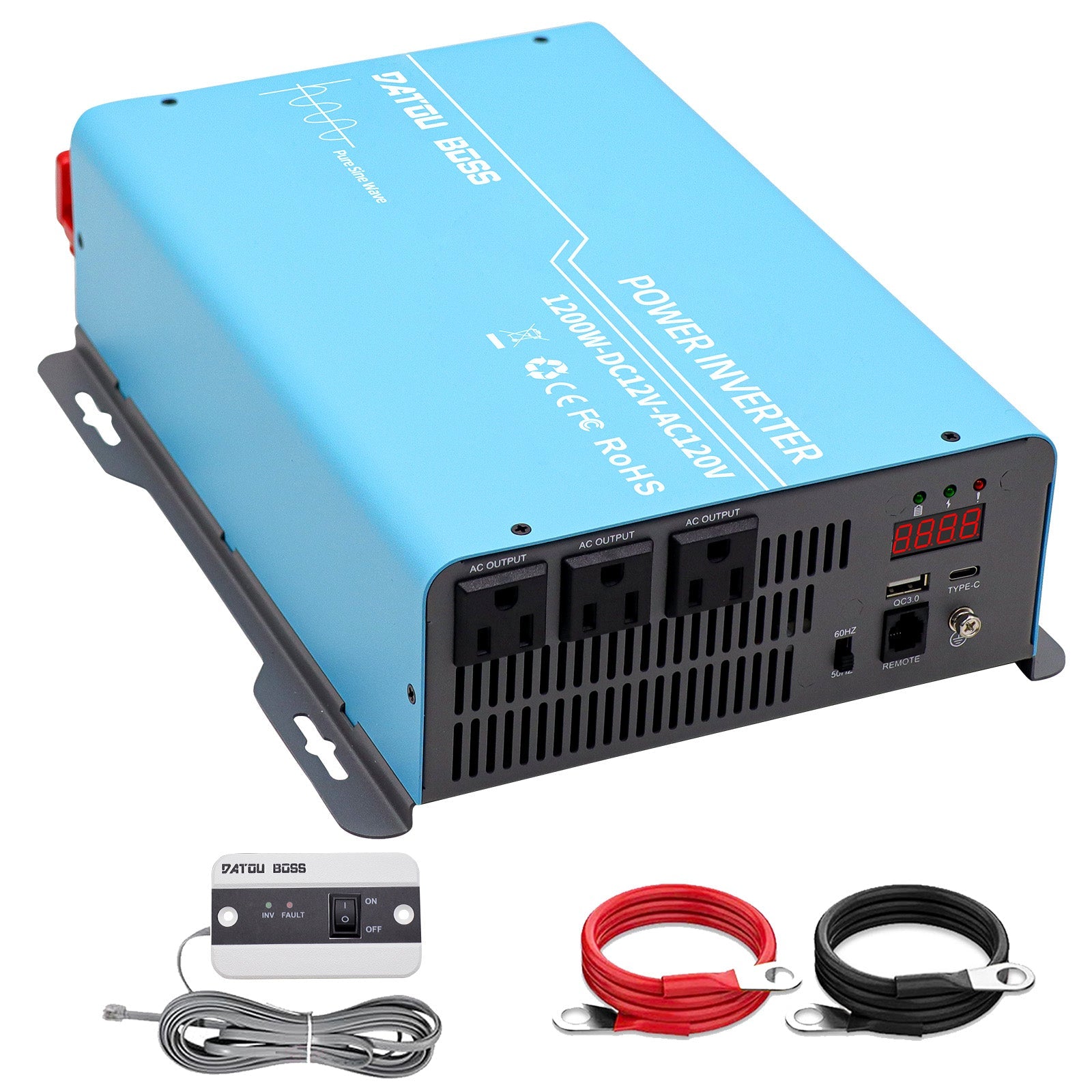 DATOUBOSS miniature inverter, 12V to 120V,  1200W, supports off-grid, grid-connected, and hybrid modes, 50Hz/60Hz, AC 100V-120V adjustable output voltage, MPPT controller, photovoltaic charging current up to 120A, suitable for solar power generation. Main image