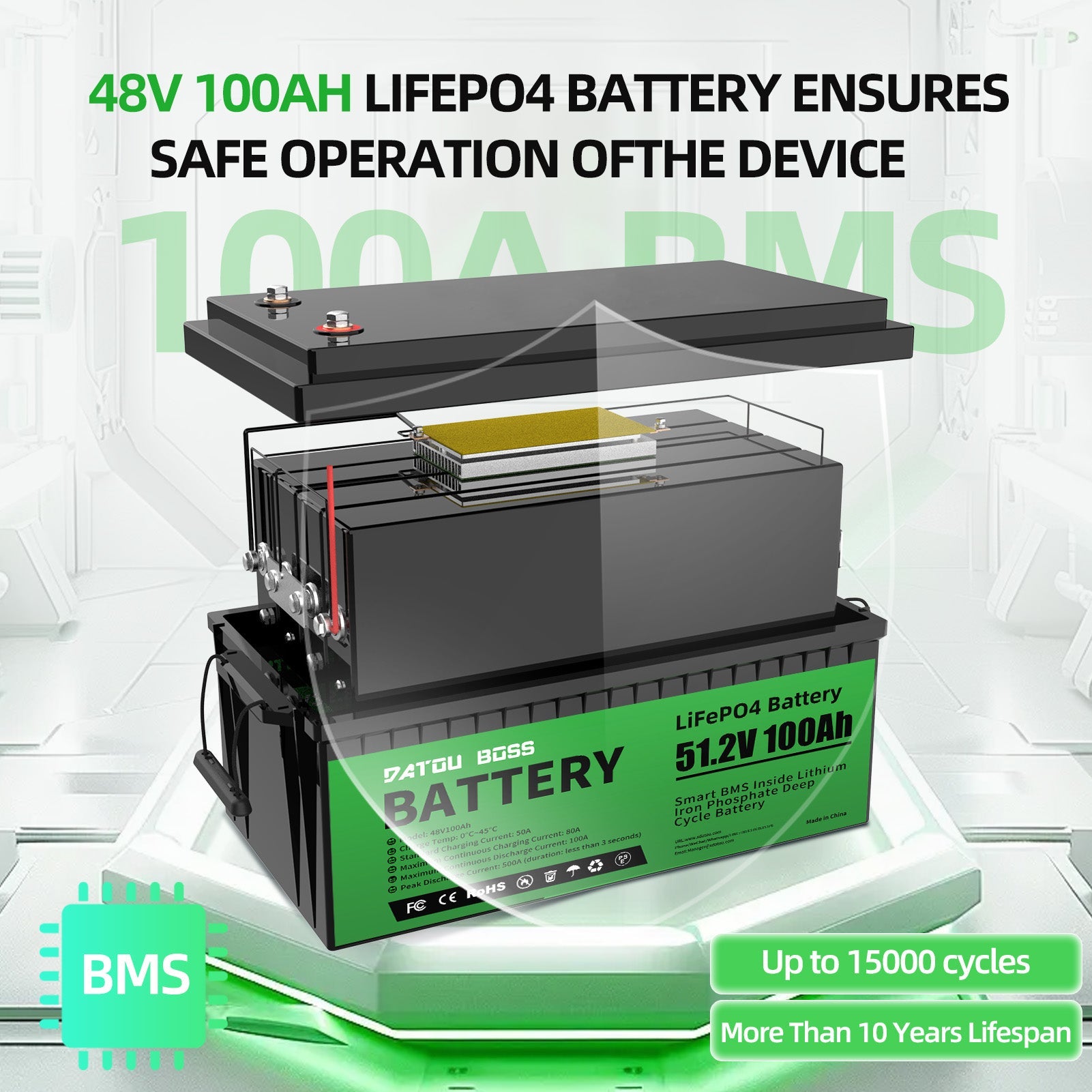 DATOUBOSS 48V 100Ah Lithium LiFePO4 Battery with 200A BMS  Deep Cycle Battery for DIY RV Car Solar Home System Secondary image
