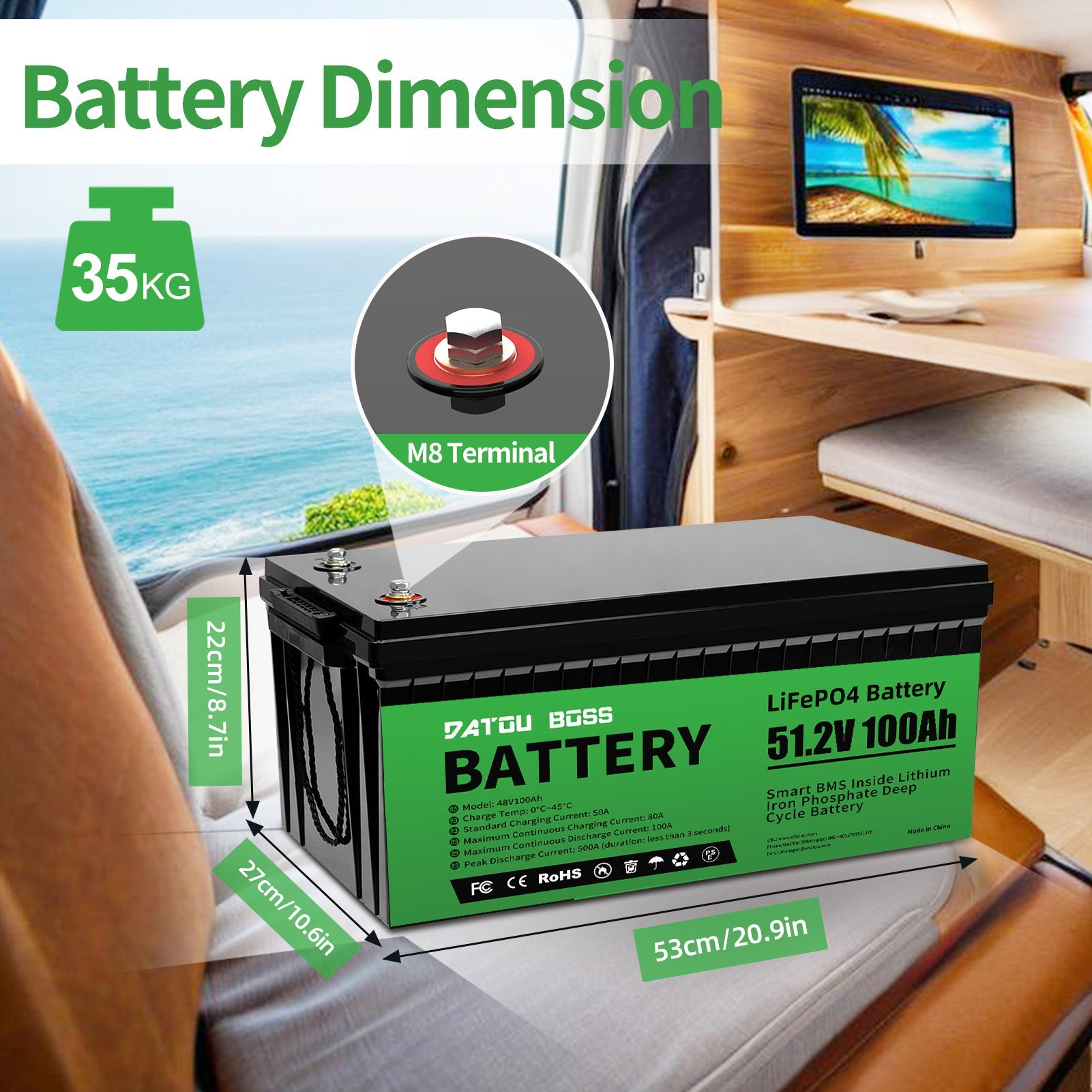 DATOUBOSS 48V 100Ah Lithium LiFePO4 Battery with 200A BMS  Deep Cycle Battery for DIY RV Car Solar Home System