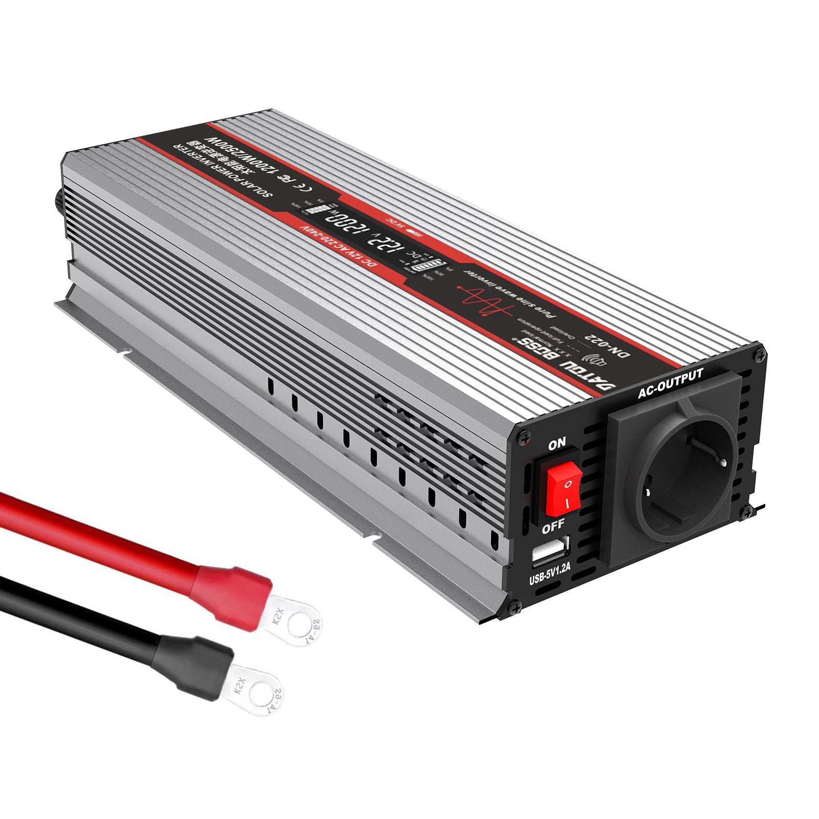 DATOUBOSS 1200W Pure Sine Wave Inverter, 12V to 230V AC Car Power Converter, Peak Power 2500W with EU Sockets, USB Ports and LED Display for Household Appliances, Car, Caravan, Truck Main image