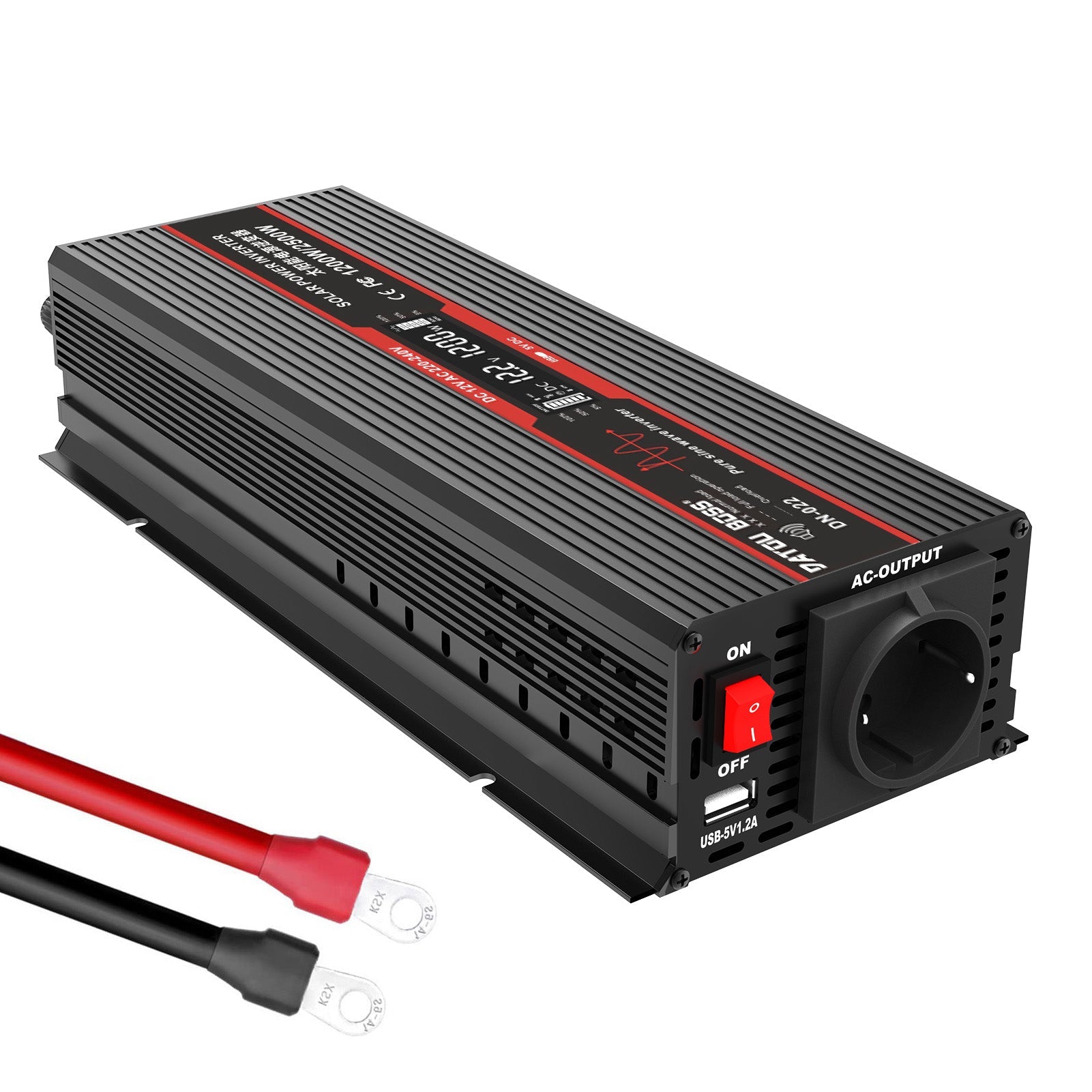 DATOUBOSS 1200W Pure Sine Wave Inverter, 12V to 230V AC Car Power Converter, Peak Power 2500W with EU Sockets, USB Ports and LED Display for Household Appliances, Car, Caravan, Truck Main image
