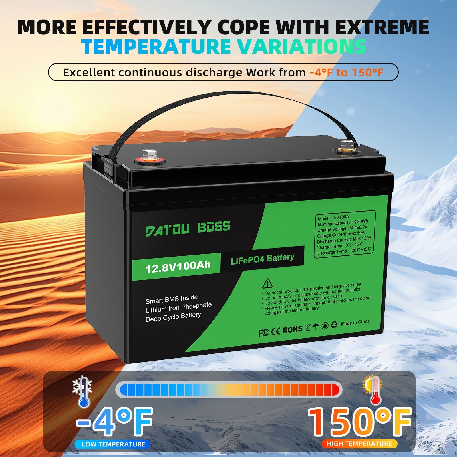 DATOUBOSS 12V 100Ah LiFePO4 Lithium Battery with 100A BMS  Deep Cycle Battery for RV Solar Home System