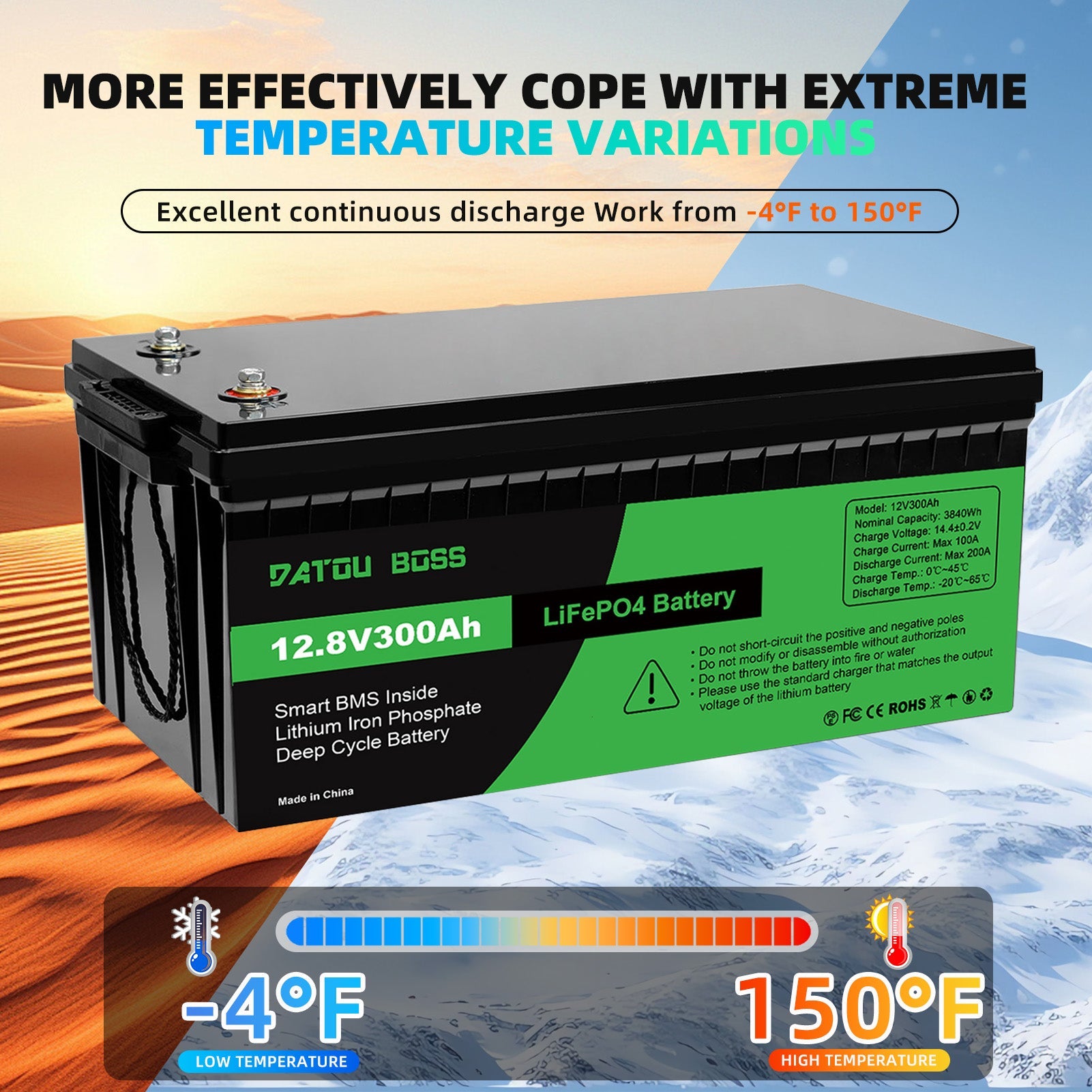 DATOUBOSS 12V 300Ah Lithium LiFePO4 Battery with 200A BMS  Deep Cycle Battery for RV DIY Car Solar Home System