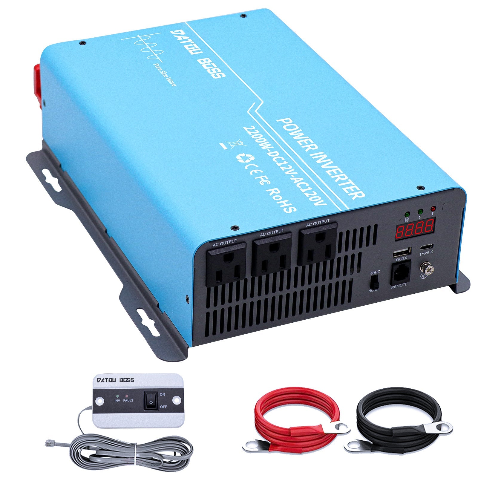 DATOUBOSS miniature inverter, 12V to 120V,  2200W, supports off-grid, grid-connected, and hybrid modes, 50Hz/60Hz, AC 100V-120V adjustable output voltage, MPPT controller, photovoltaic charging current up to 120A, suitable for solar power generation. Main image