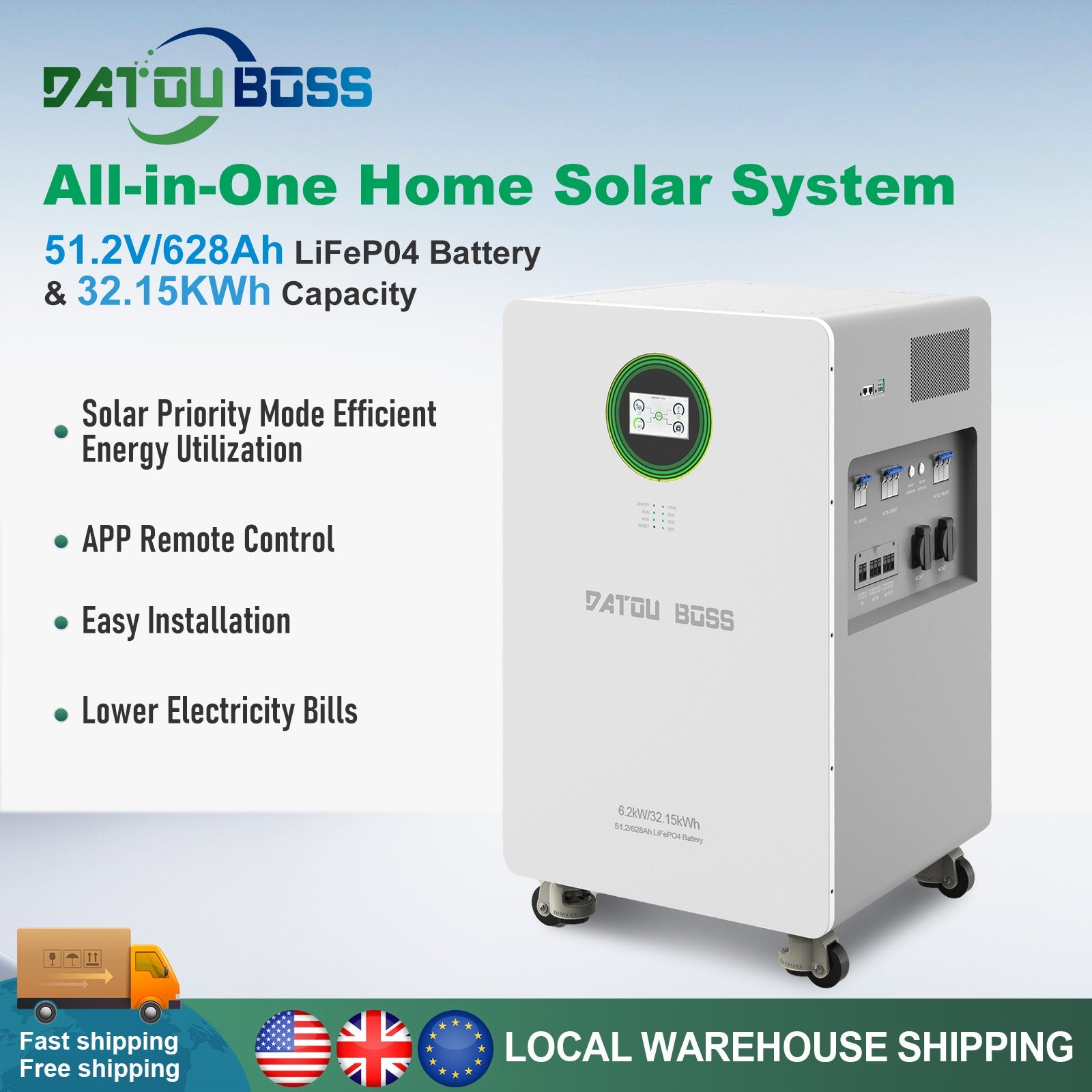 DATOUBOSS 48V 6200W Hybrid Inverter + 628Ah LiFePO4 Battery Portable Power Supply with LCD Touch Screen, Detachable, and Wheels, suitable for large-capacity solar energy storage systems/RVs/home energy storage systems Secondary image