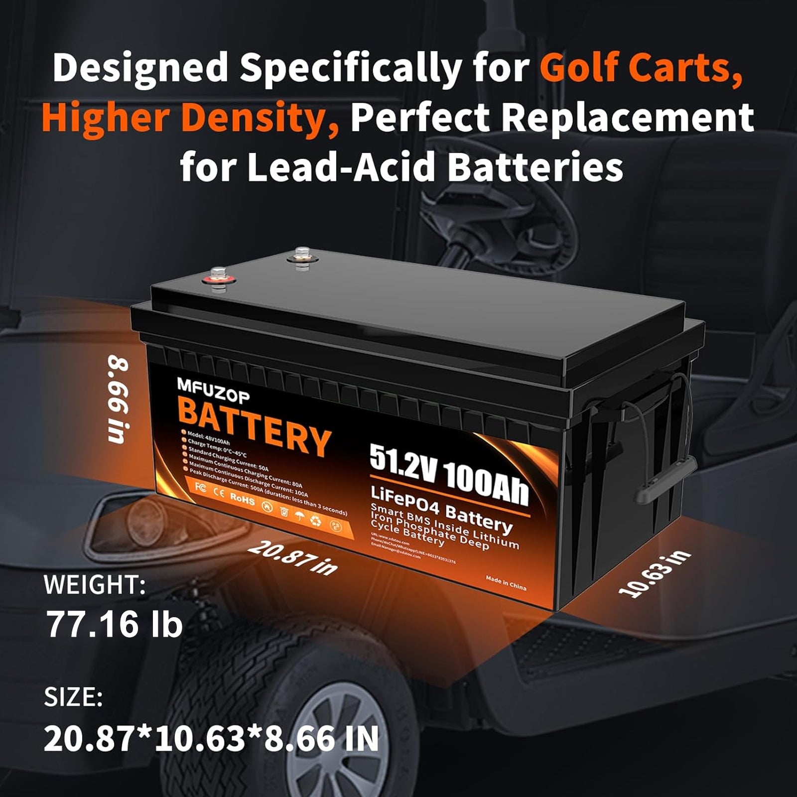 MFUZOP 48V 100Ah Golf Cart LiFePO4 Lithium Battery with Bluetooth Group 8D, 15000+ Deep Cycle Battery, Built-in 100A BMS with Low-Temp Protection Monitor, Perfect for Golf Carts Home Energy Storage