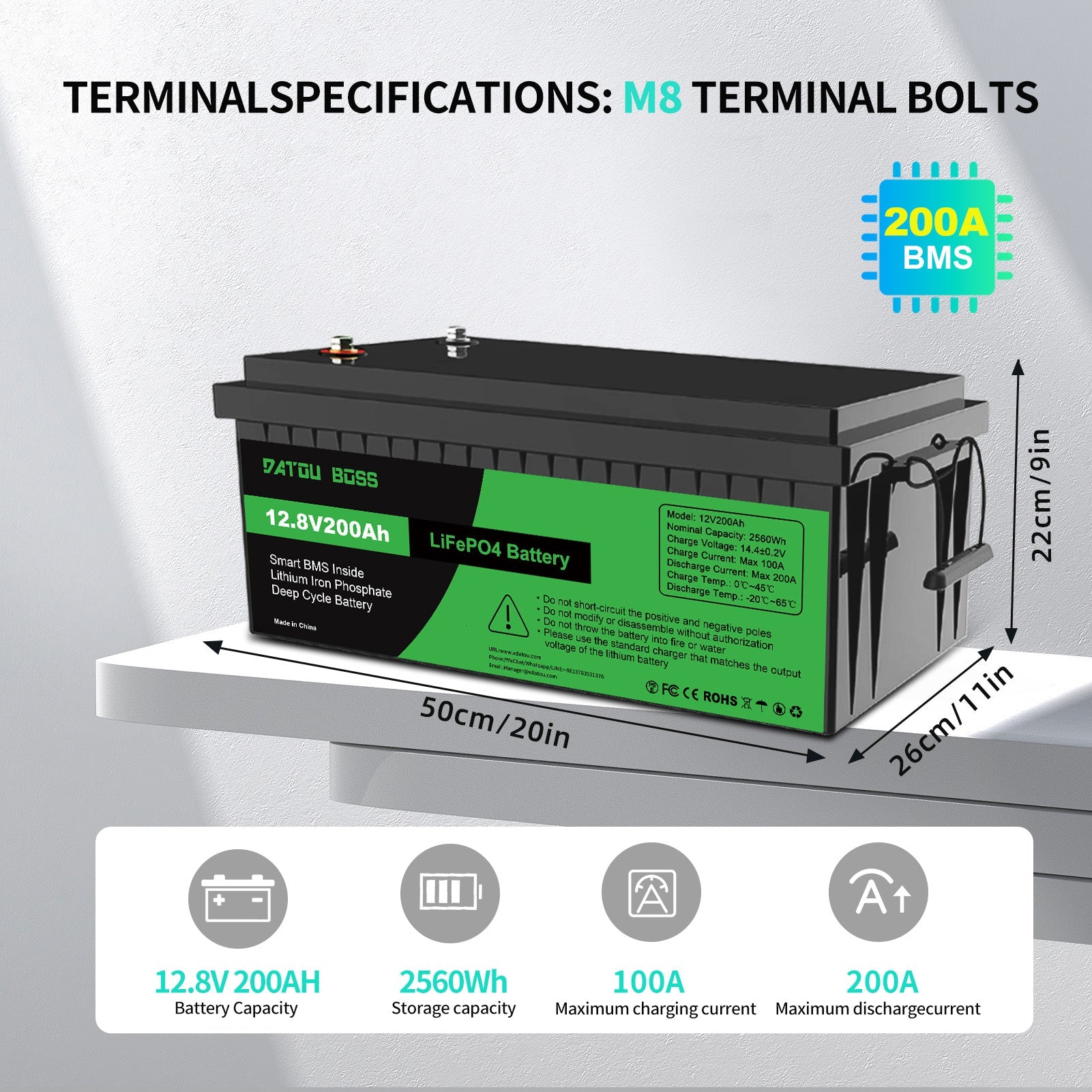 DATOUBOSS 12V 200Ah Lithium LiFePO4 Battery with 200A BMS  Deep Cycle Battery for RV Car Solar Home System DIY