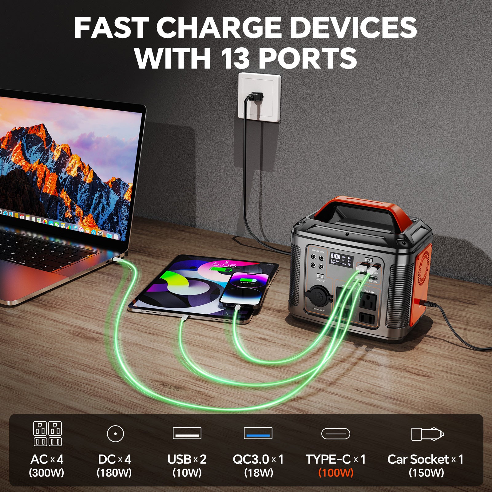 Powerbank 300w Portable Power Station with 60w Solar Panel for Camping Solar Generator 296Wh 80000mAh Lithium Battery