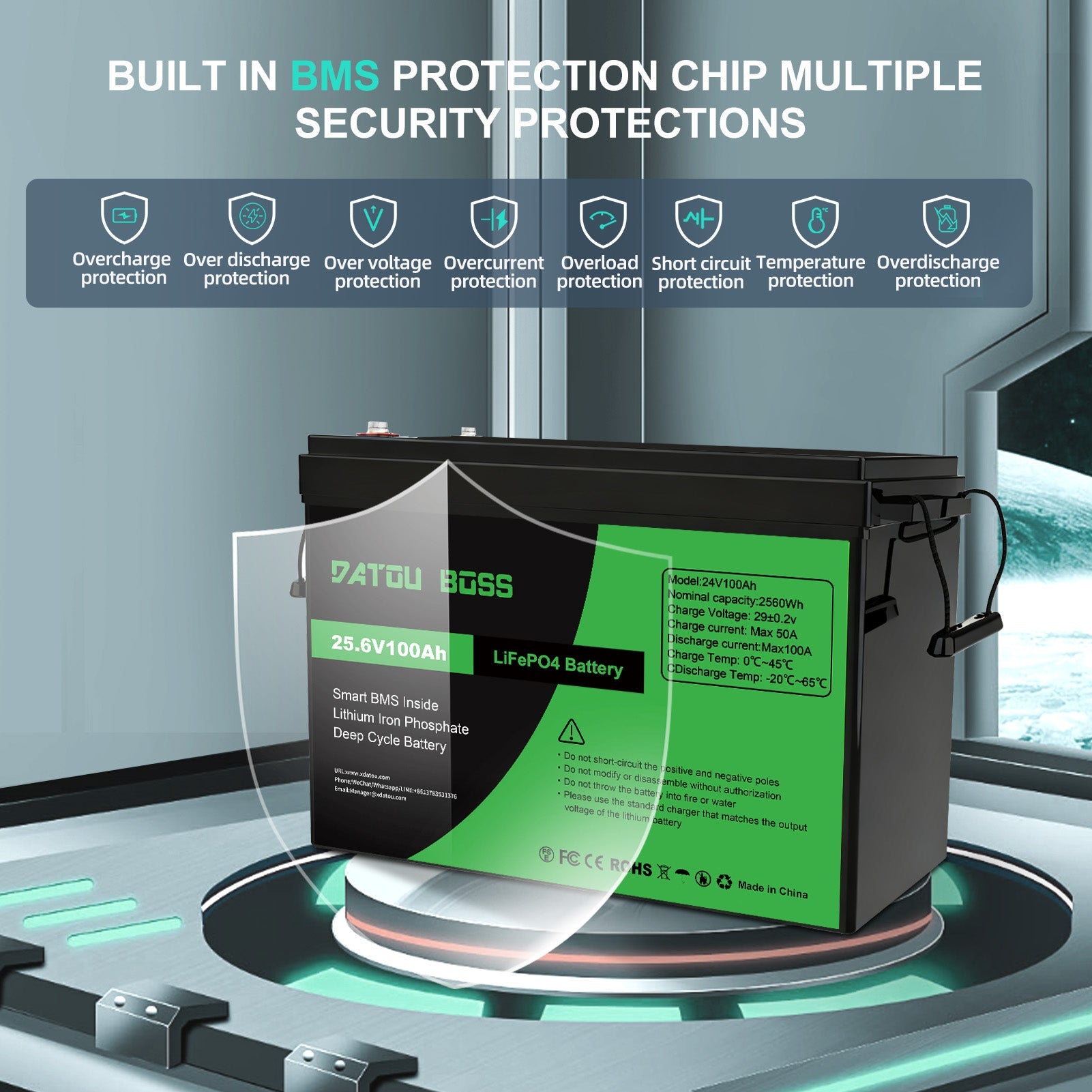 DATOUBOSS 24V 100Ah Lithium LiFePO4 Battery with 100A BMS  Deep Cycle Battery for DIY Motorhome Solar Home System Secondary image