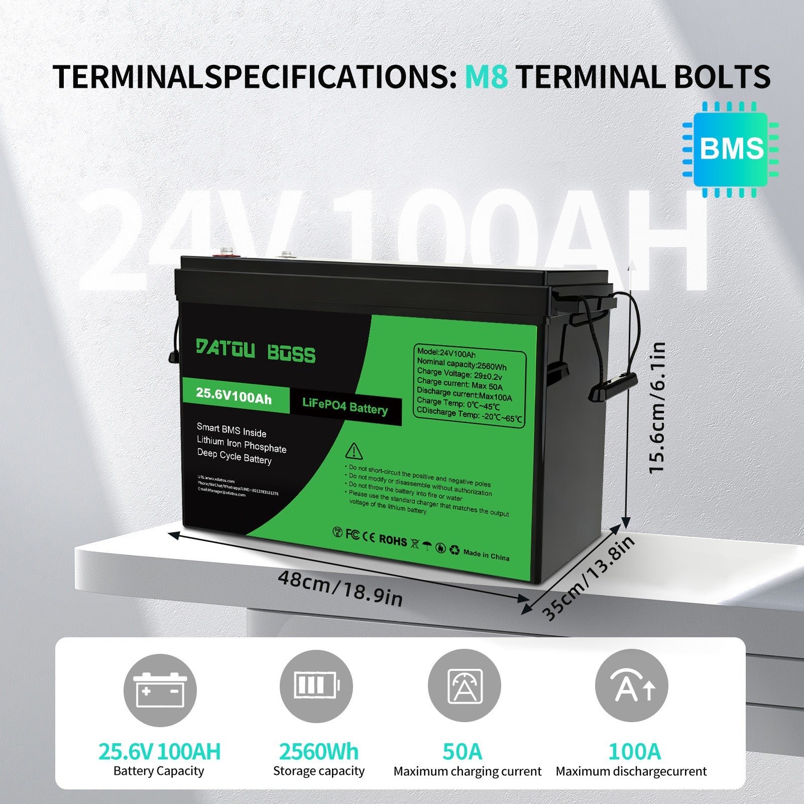 DATOUBOSS 24V 100Ah Lithium LiFePO4 Battery with 100A BMS  Deep Cycle Battery for DIY Motorhome Solar Home System