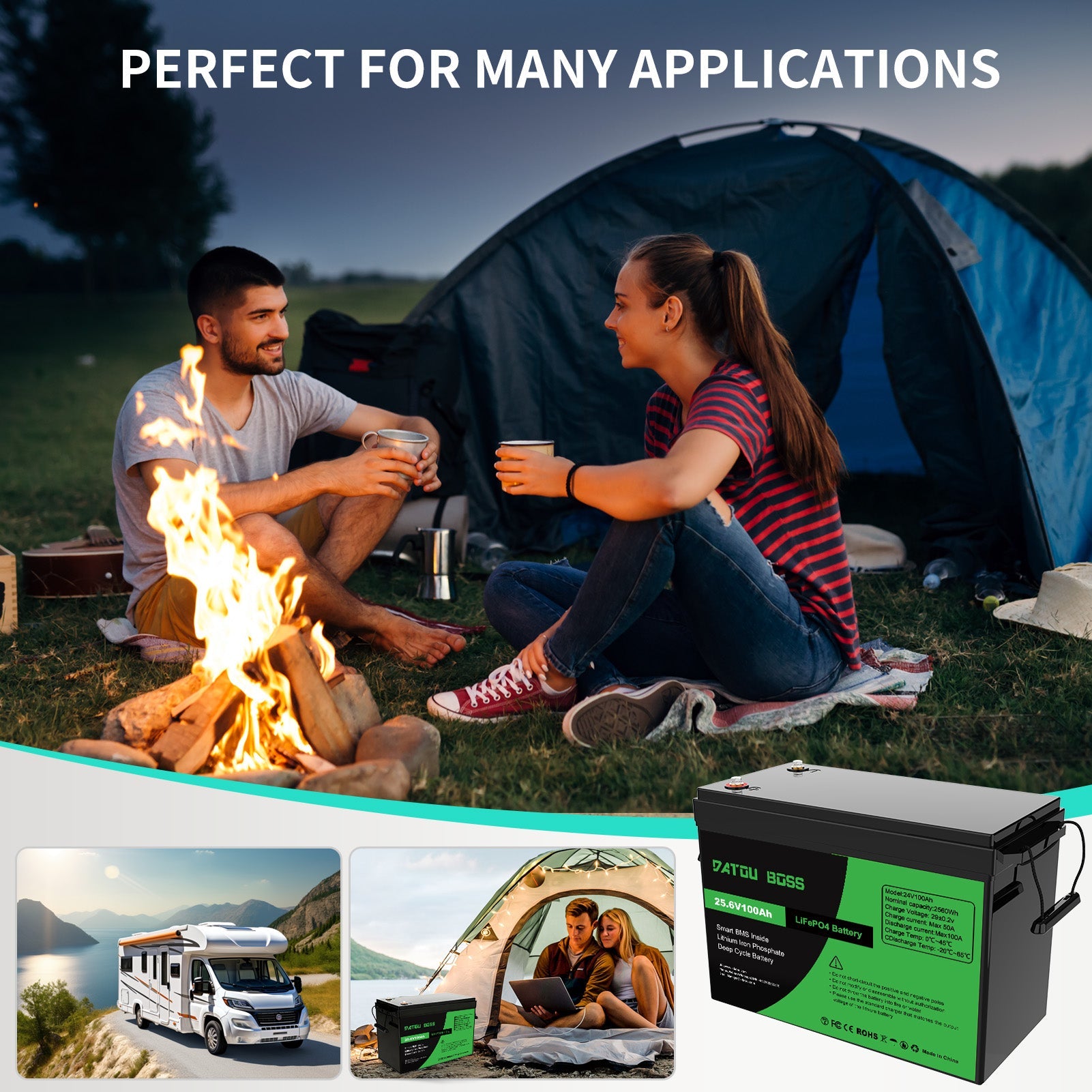 DATOUBOSS 24V 100Ah Lithium LiFePO4 Battery with 100A BMS  Deep Cycle Battery for DIY Motorhome Solar Home System