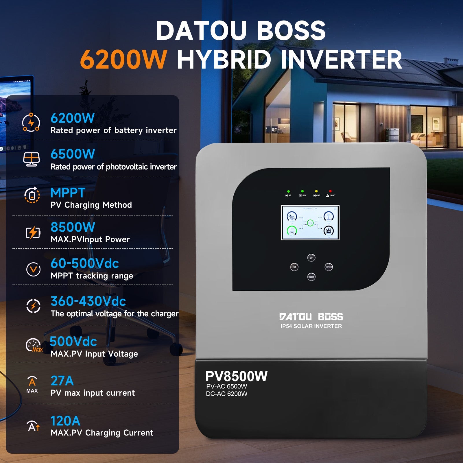 DATOUBOSS 6200W Solar Hybrid Inverter 48VDC to 230VAC, Pure Sine Wave Inverter with 120A MPPT, 8500W Photovoltaic Input, Supports Battery-Free Operation, BMS Protection System, for 48V Lithium Batteries, Dust and Water-Resistant(Compatible with WiFi 04) Secondary image