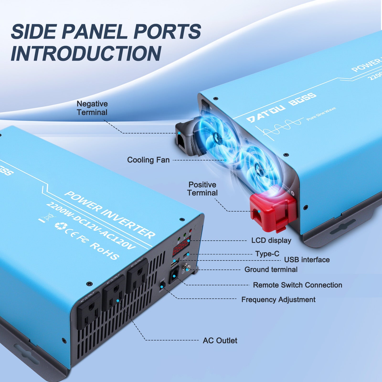 DATOUBOSS miniature inverter, 12V to 120V,  2200W, supports off-grid, grid-connected, and hybrid modes, 50Hz/60Hz, AC 100V-120V adjustable output voltage, MPPT controller, photovoltaic charging current up to 120A, suitable for solar power generation.