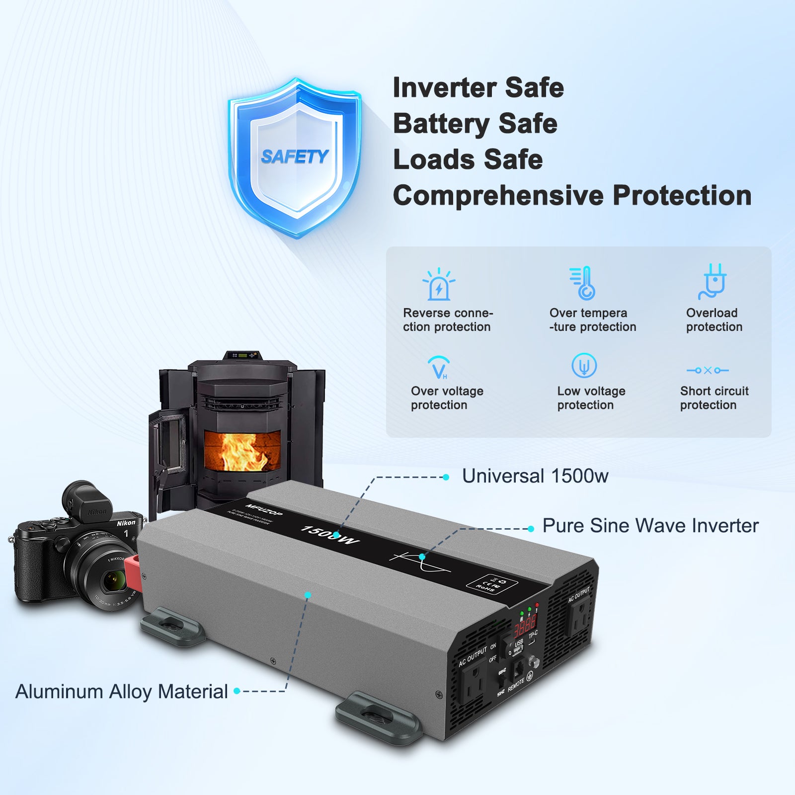 MFUZOP Pure Sine Wave Inverter 1500W Power 12V DC to 110V 120V AC Converter 3000W Peak Power Inverter with Dual AC Outlets USB Port Type-C Remote Control LCD Display for Truck RV Vehicles Solar