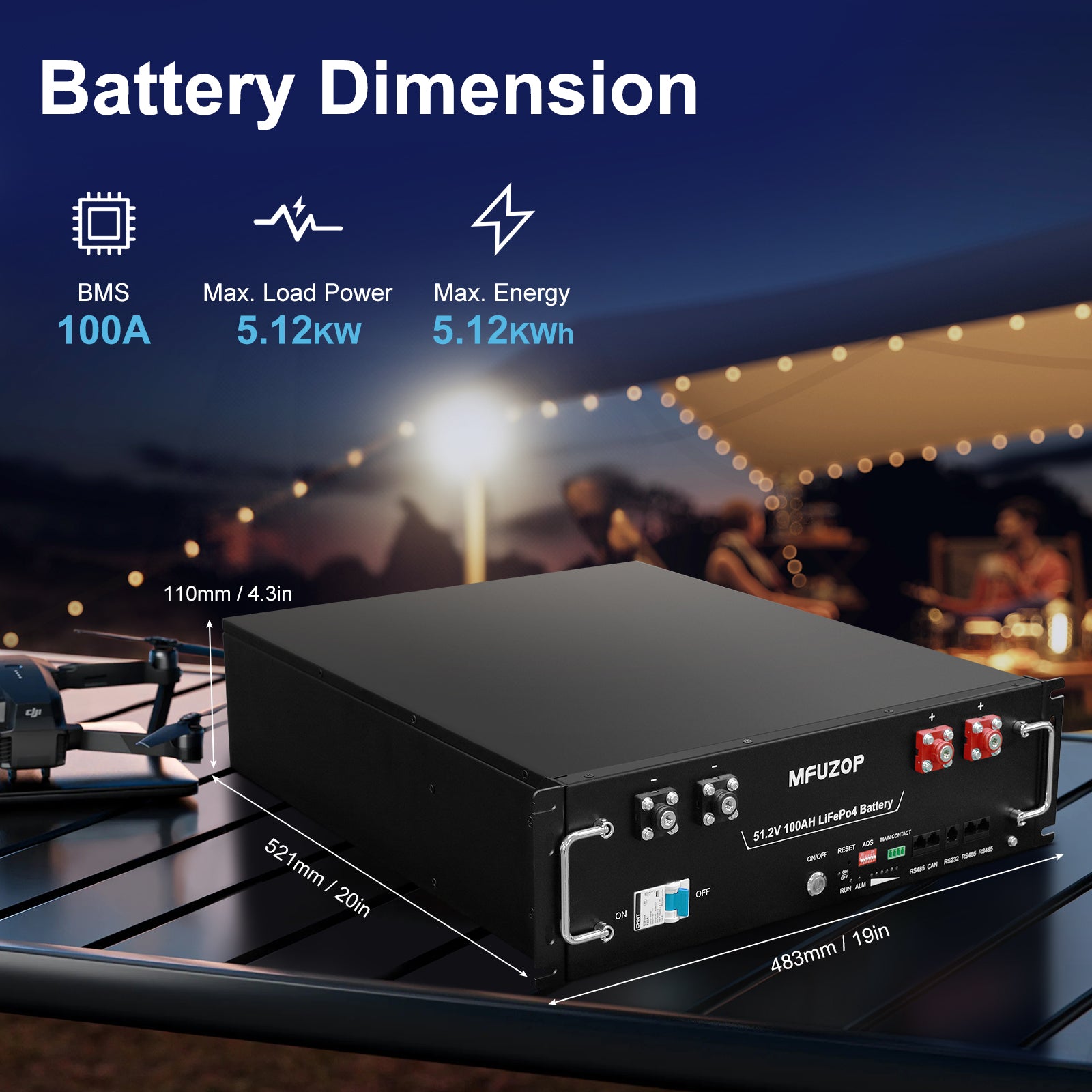 MFUZOP 48V 100Ah LiFePO4 Lithium Battery, 5.12kWh 3U Rack Mount Server Battery, Bluetooth & App Monitoring, Built-in 100A BMS, 15,000+ Deep Cycles, Supports RS232/RS485/CAN, for Home Off Grid RV Backup Power