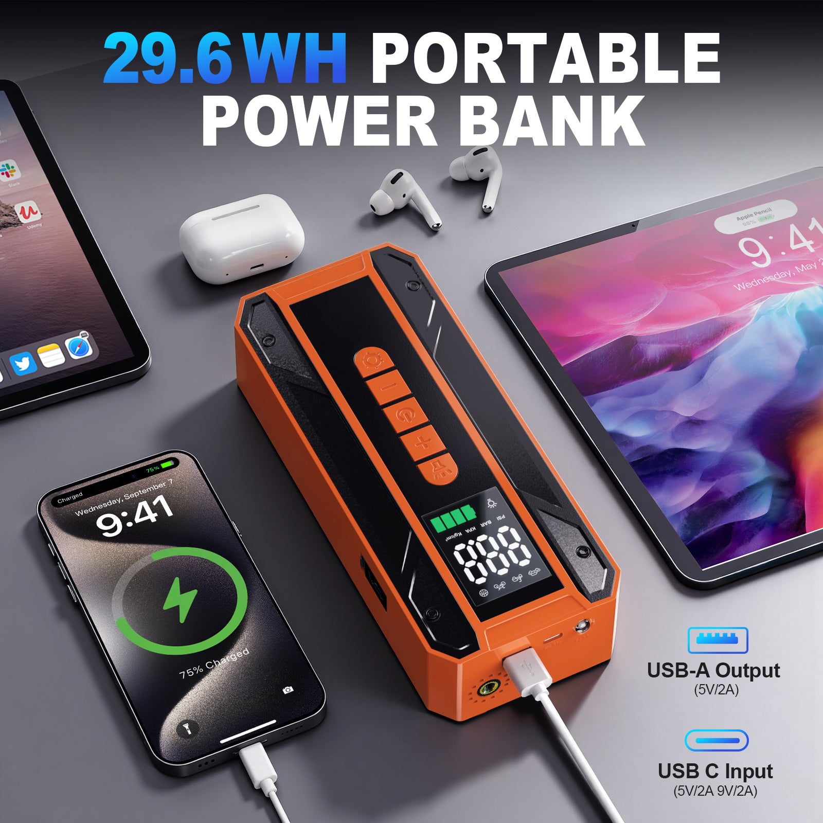 Car Jumper Starter Portable Battery Pack With 150PSI Tire Inflator, Jump Starter With Air Compressor,12V Jump Box For Car Charger Battery Booster With LCD Display, 3-Mode Emergency Flashlight