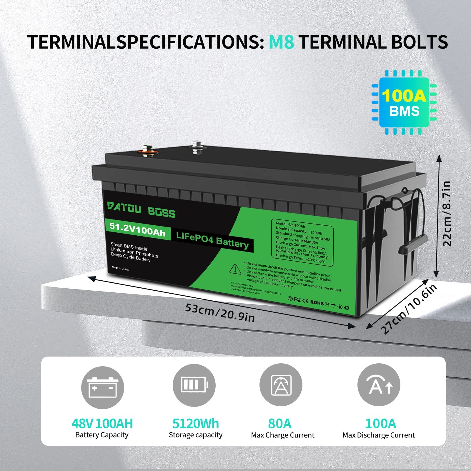 DATOUBOSS 48V 100Ah Lithium LiFePO4 Battery with 200A BMS  Deep Cycle Battery for DIY RV Car Solar Home System