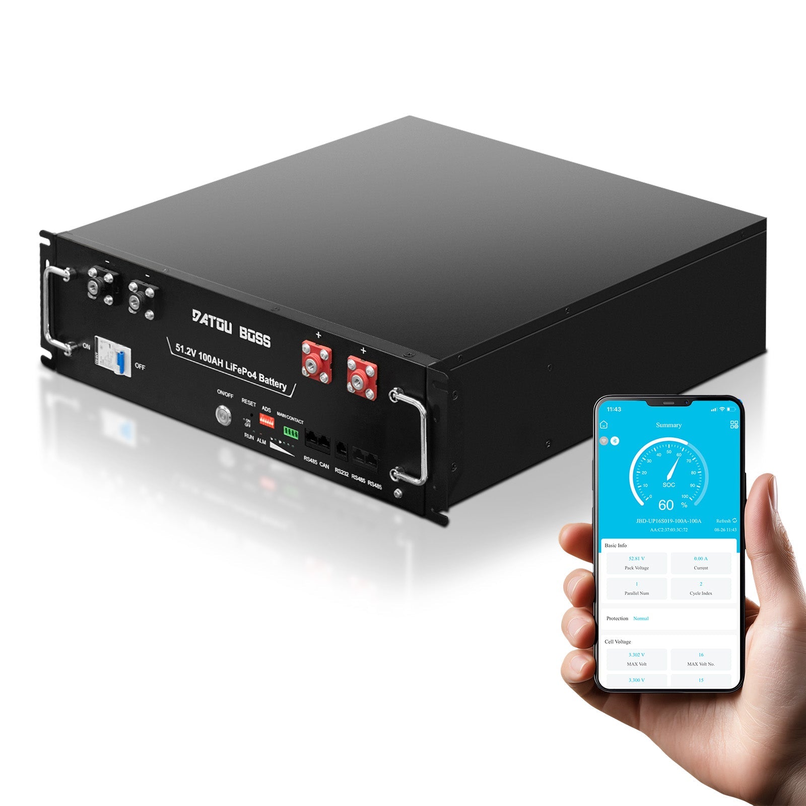 DATOUBOSS 51.2V 100Ah Lithium LiFePO4 Battery with 200A BMS  Deep Cycle Battery for DIY RV Car Solar Home System Main image