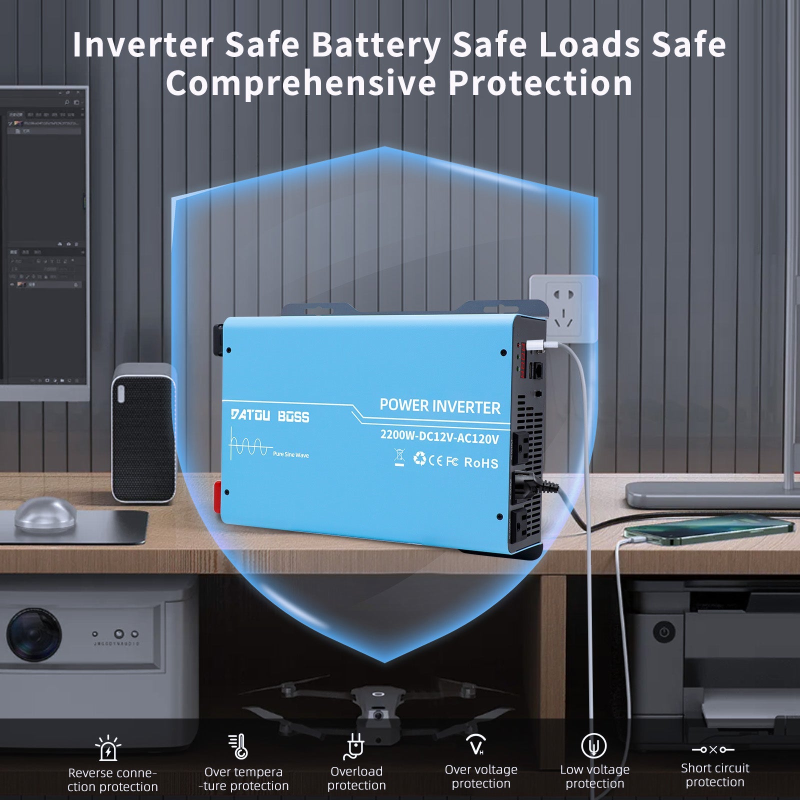 DATOUBOSS miniature inverter, 12V to 120V,  2200W, supports off-grid, grid-connected, and hybrid modes, 50Hz/60Hz, AC 100V-120V adjustable output voltage, MPPT controller, photovoltaic charging current up to 120A, suitable for solar power generation.