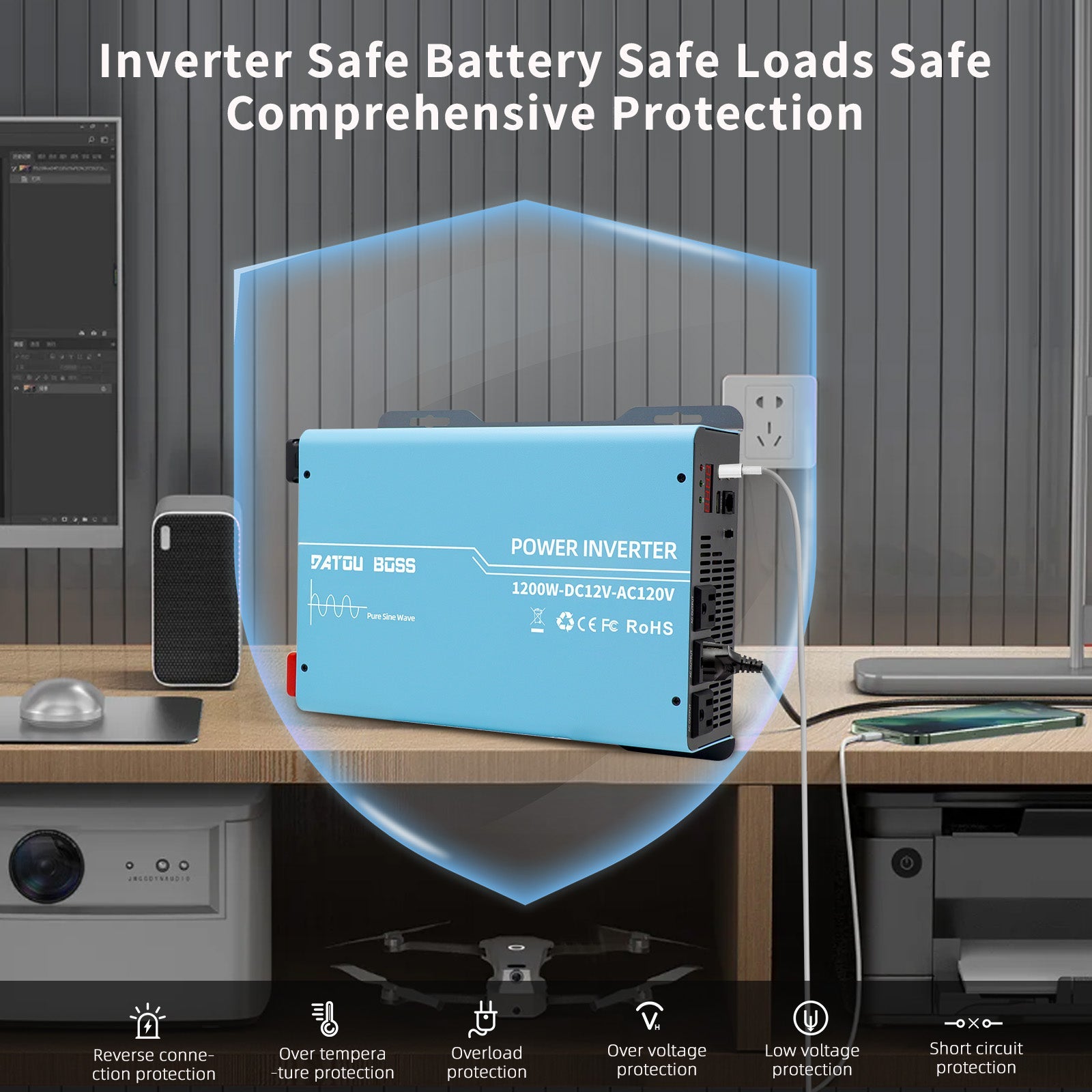DATOUBOSS miniature inverter, 12V to 120V,  1200W, supports off-grid, grid-connected, and hybrid modes, 50Hz/60Hz, AC 100V-120V adjustable output voltage, MPPT controller, photovoltaic charging current up to 120A, suitable for solar power generation.