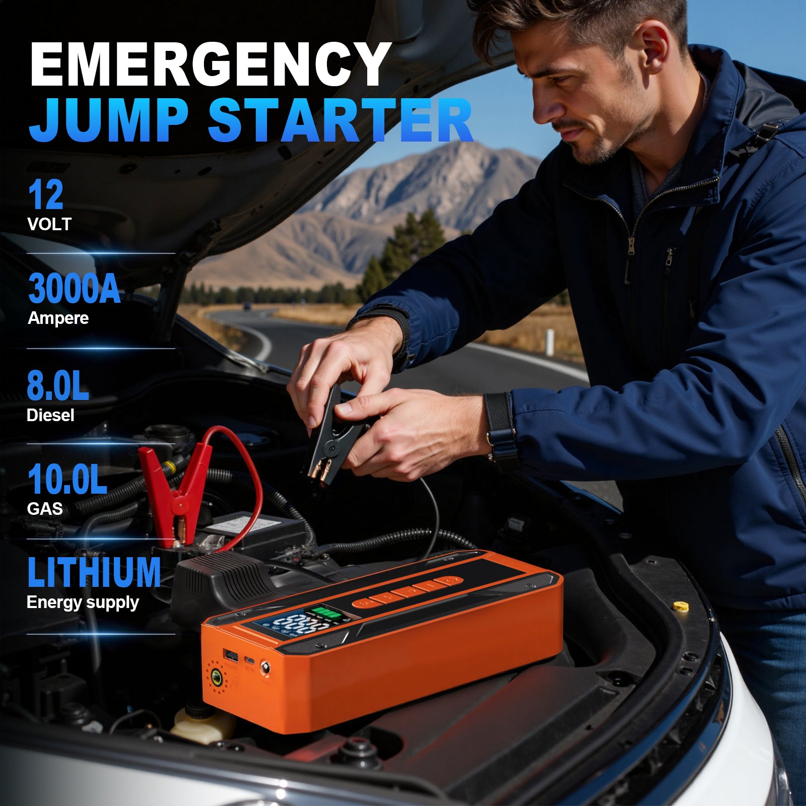 Car Jumper Starter Portable Battery Pack With 150PSI Tire Inflator, Jump Starter With Air Compressor,12V Jump Box For Car Charger Battery Booster With LCD Display, 3-Mode Emergency Flashlight