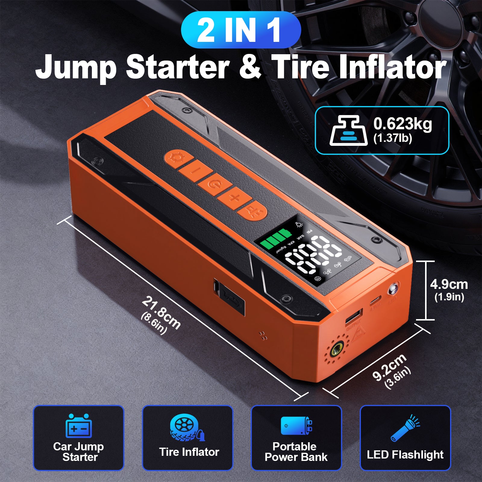 Car Jumper Starter Portable Battery Pack With 150PSI Tire Inflator, Jump Starter With Air Compressor,12V Jump Box For Car Charger Battery Booster With LCD Display, 3-Mode Emergency Flashlight Secondary image