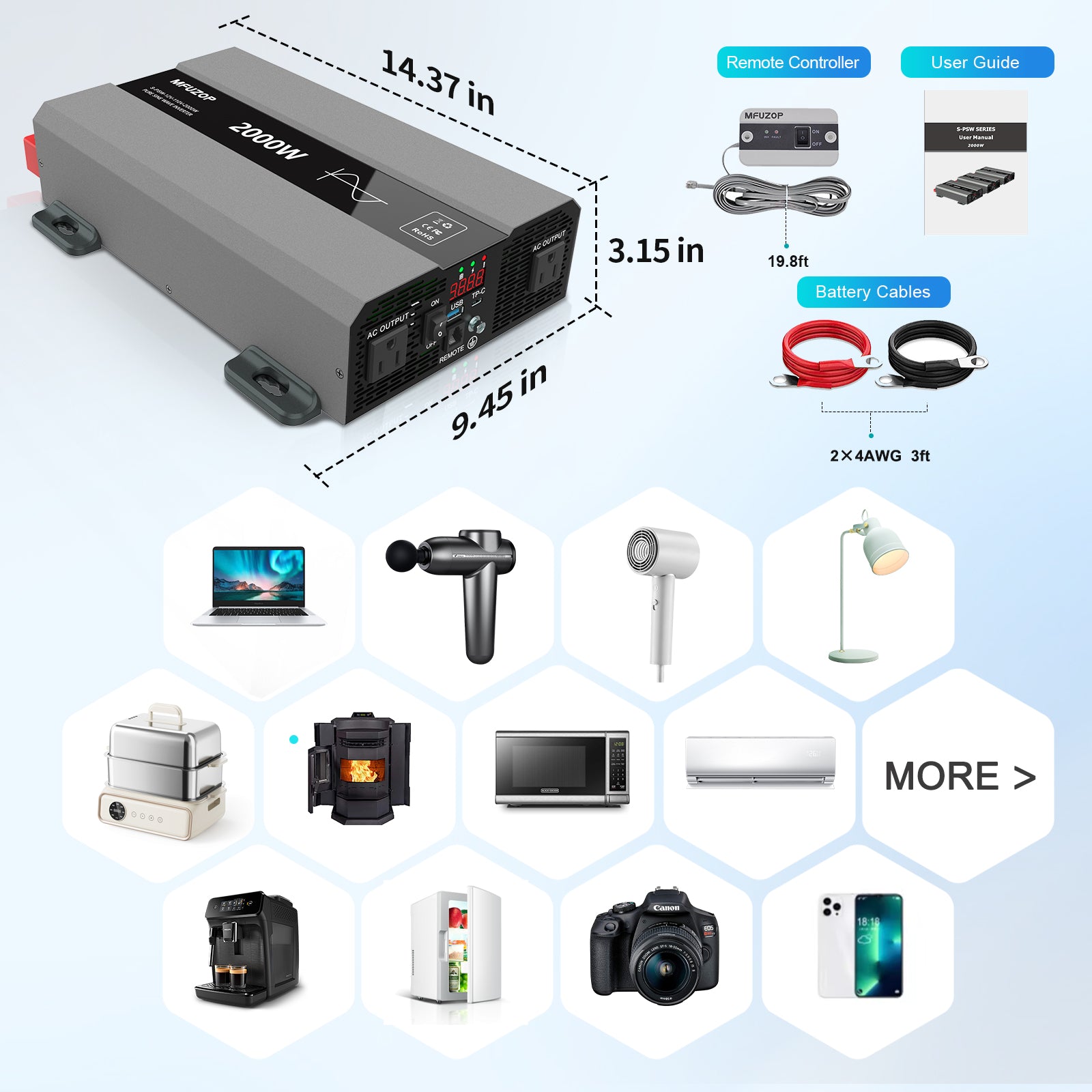 MFUZOP 2000W Pure Sine Wave Inverter, Car Power Inverter 12V to 120V AC Converter for RV, Truck, Solar, OutdoorL, Home with Dual AC and 20A Socket, 5V 2.1A USB, PD, Peak Surge 4000W, Remote Controller