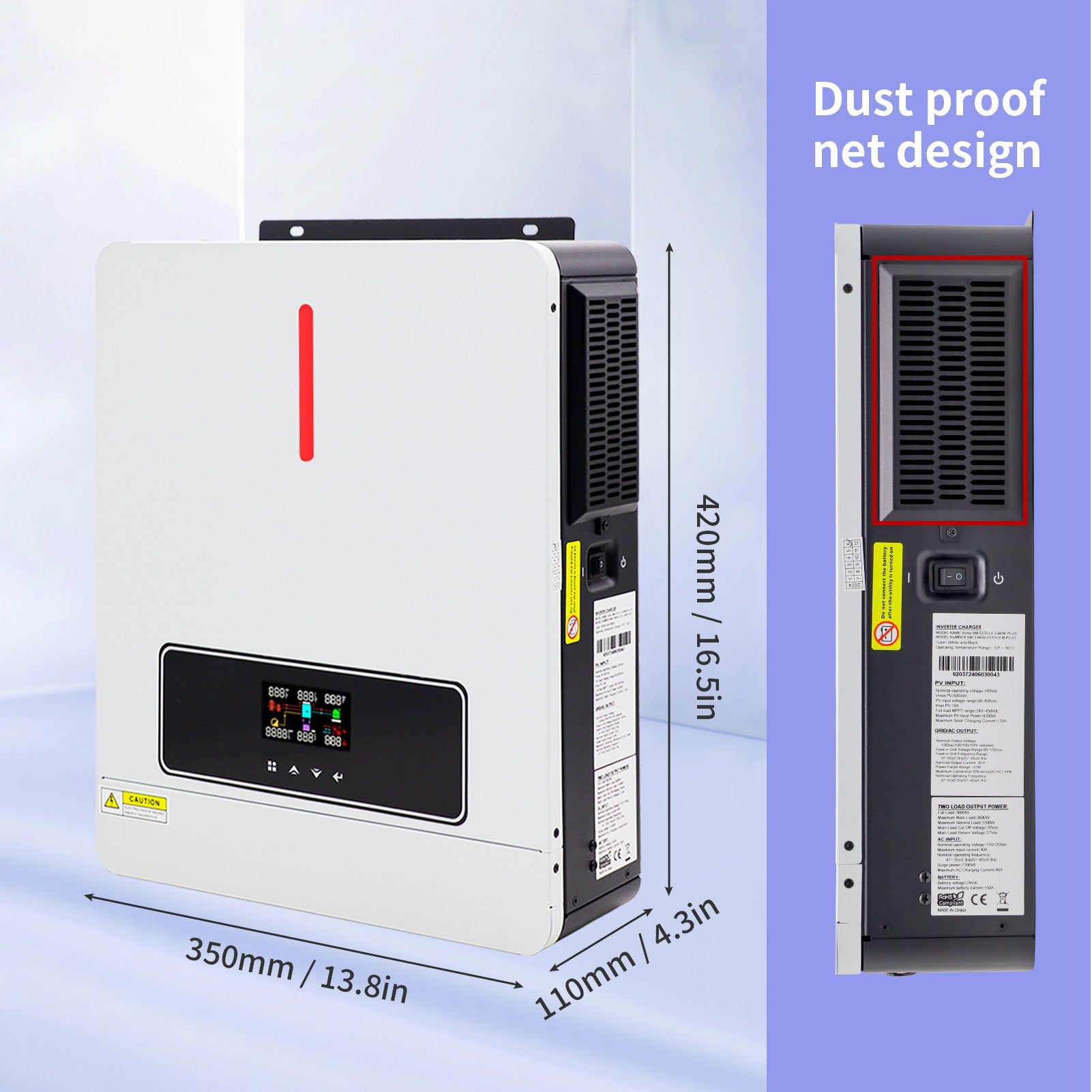 DATOUBOSS hybrid inverter, 24V to 100V, 3600W, supports off-grid, grid-connected, and hybrid modes, 50Hz/60Hz, AC 100V-120V adjustable output voltage, MPPT controller, photovoltaic charging current up to 120A, suitable for solar power generation.