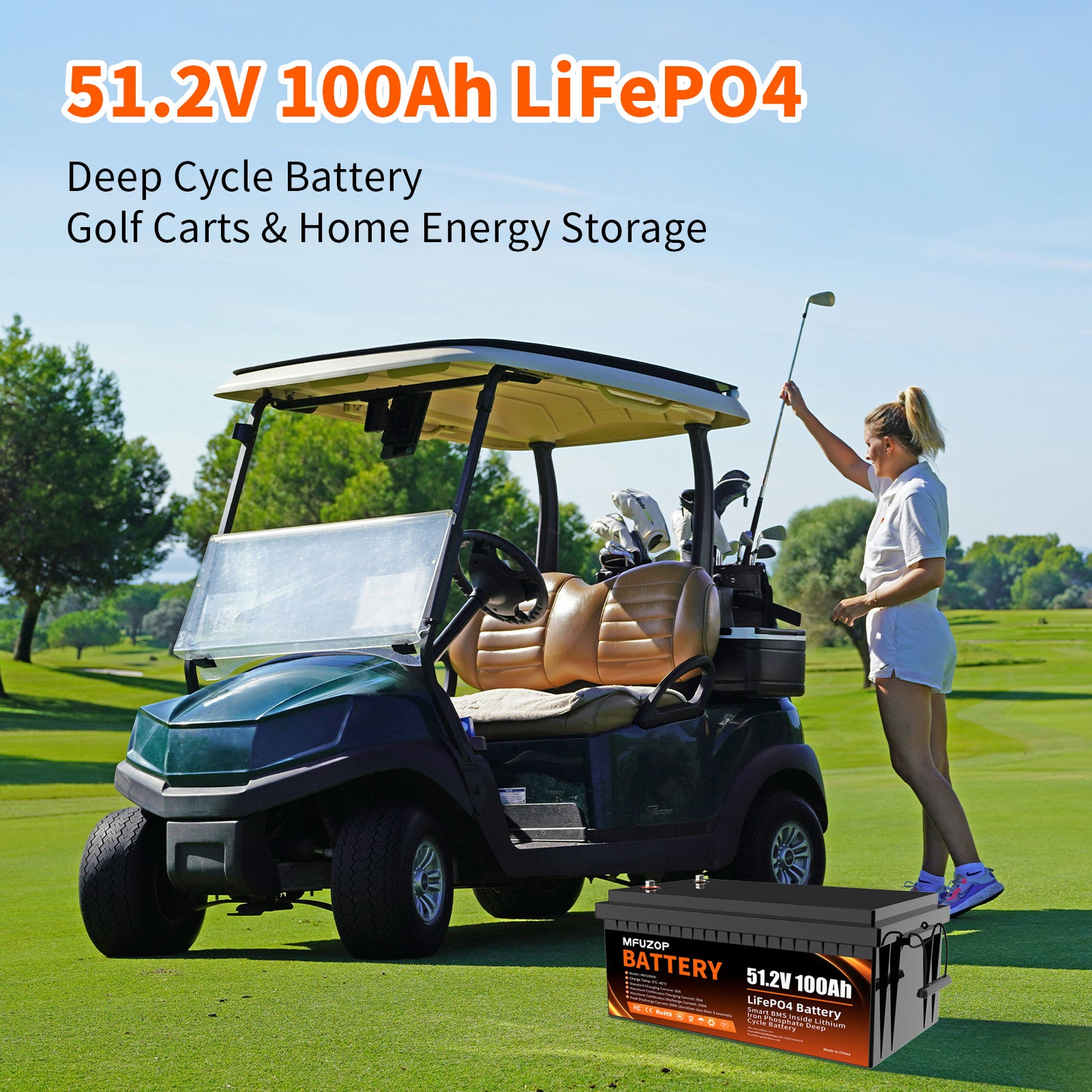 MFUZOP 48V 100Ah Golf Cart LiFePO4 Lithium Battery with Bluetooth Group 8D, 15000+ Deep Cycle Battery, Built-in 100A BMS with Low-Temp Protection Monitor, Perfect for Golf Carts Home Energy Storage