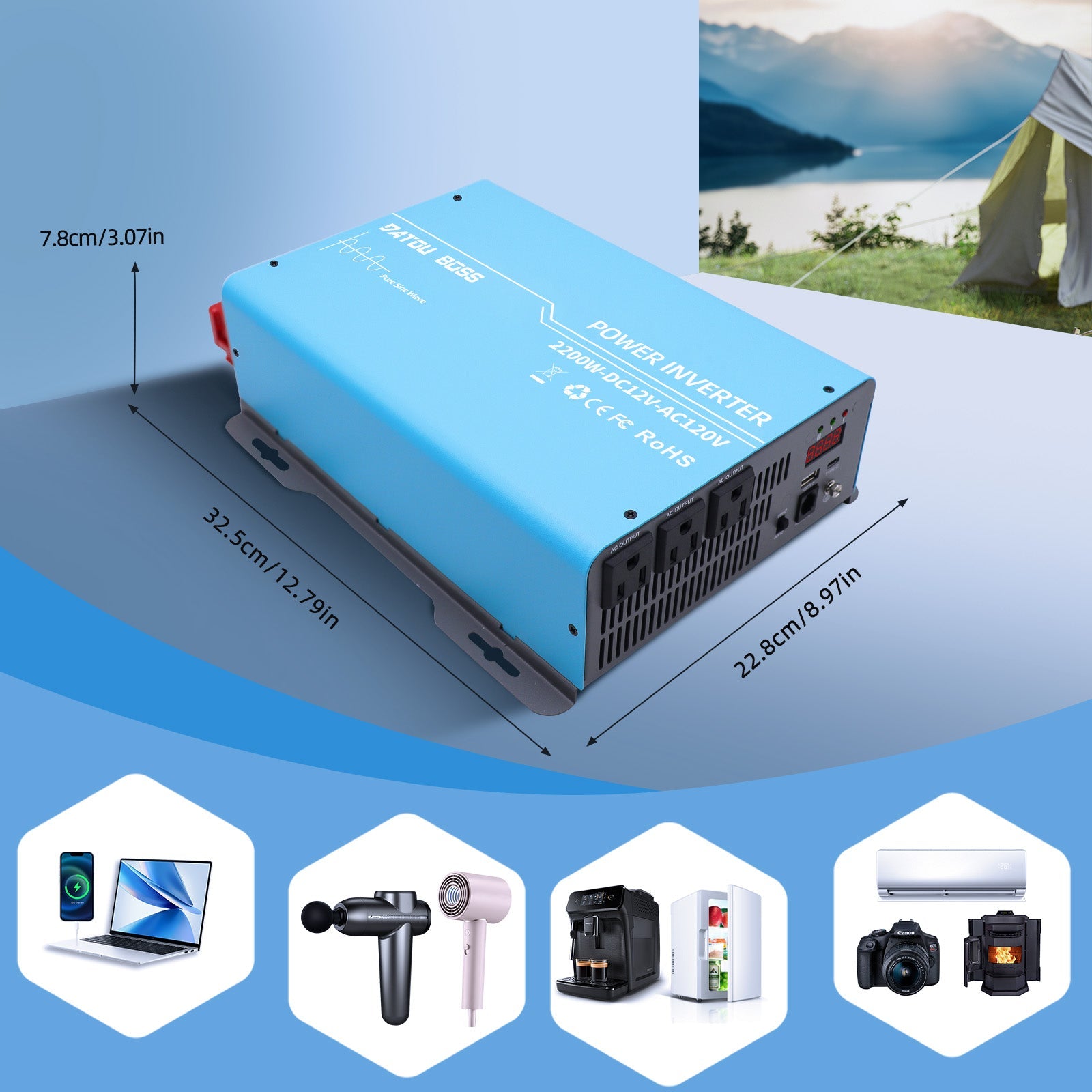 DATOUBOSS miniature inverter, 12V to 120V,  2200W, supports off-grid, grid-connected, and hybrid modes, 50Hz/60Hz, AC 100V-120V adjustable output voltage, MPPT controller, photovoltaic charging current up to 120A, suitable for solar power generation.