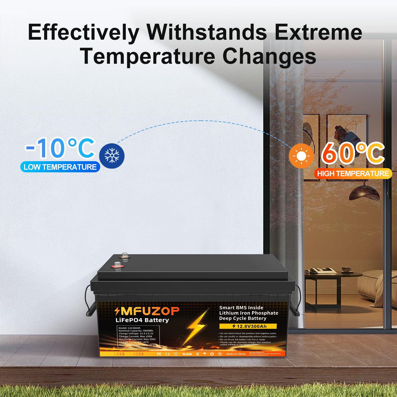 MFUZOP 12V 300Ah LiFePO4 Battery, 3840Wh Lithium Iron Phosphate Battery with 200A BMS, 15000+ Cycles, Low Temp Protection, for RV, Camper, Marine, Solar, Off-Grid, Home Backup, Series & Parallel