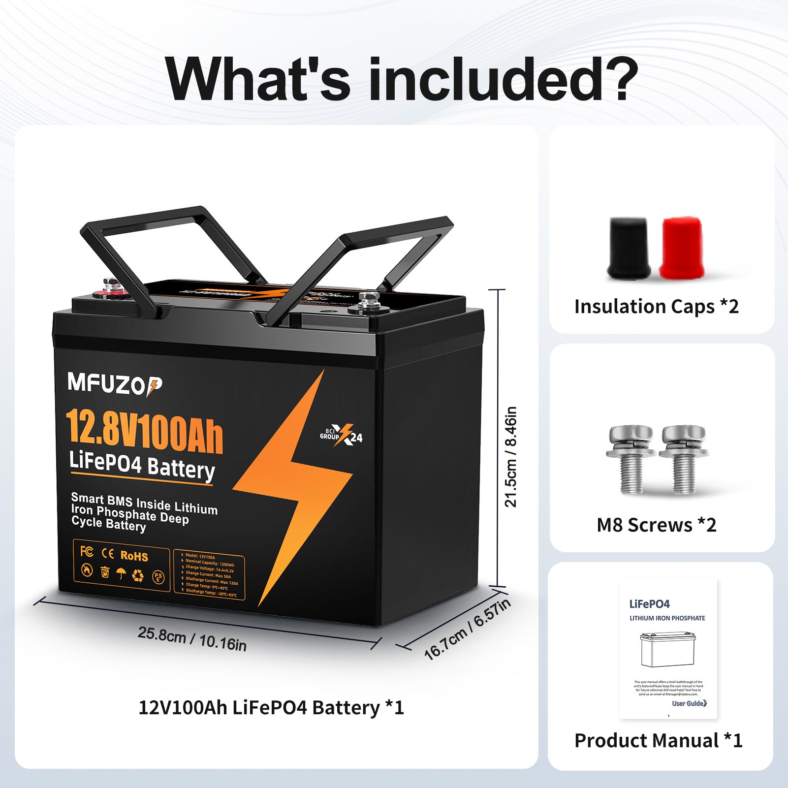 MFUZOP 12V 100Ah LiFePO4 Lithium Battery with 100A Smart BMS, 20000 Deep Cycle Marine Battery 12V, Max 1280Wh Energy, Group 24 for RVs, Vans, Trailers, Motorhomes, and Boats