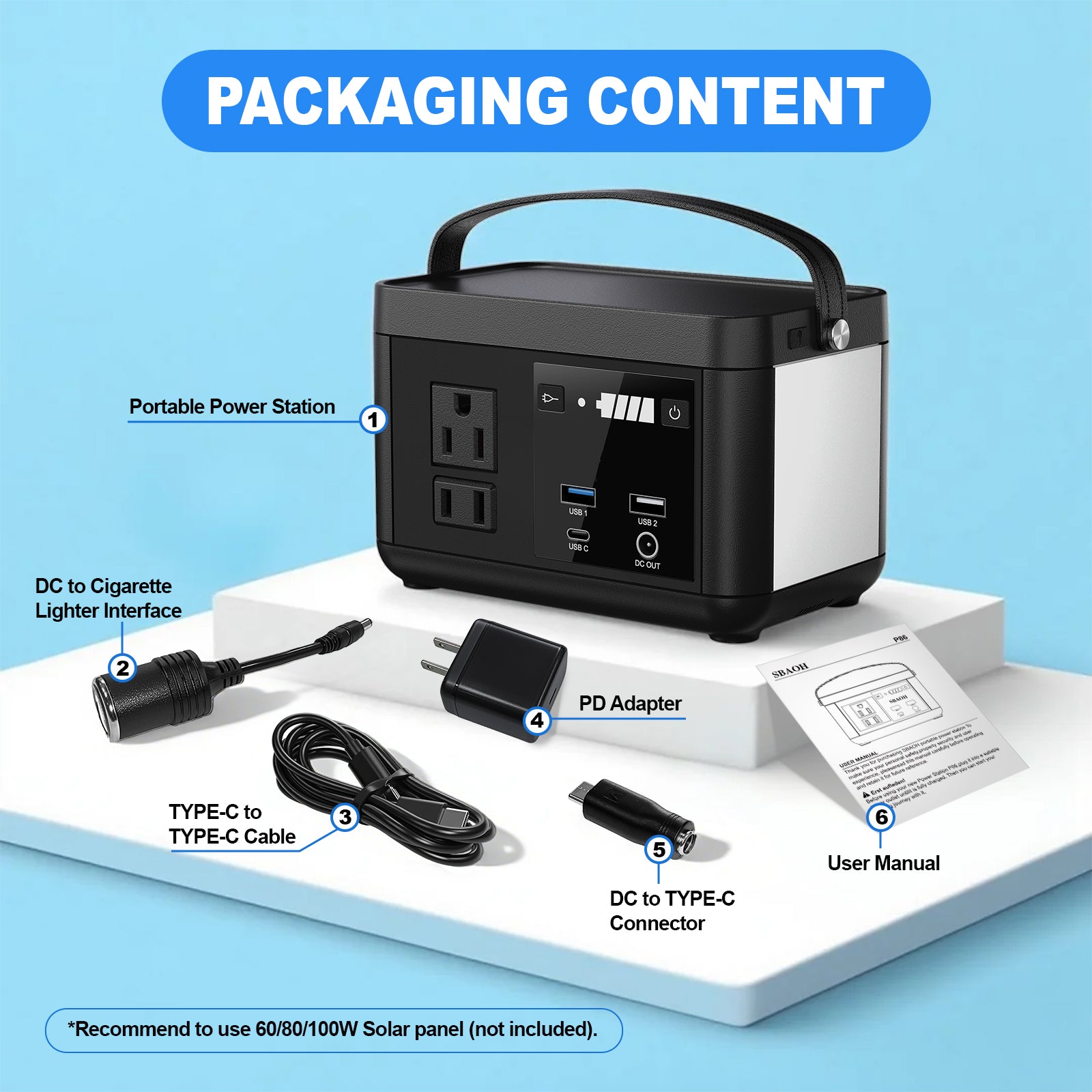 Portable Power Station P86,88.8Wh 3.7 V LiFePo4 Battery,with 120W (150W Peak) AC Outputs, Solar Power Generator for Travel and Camping,estación de energia portatil