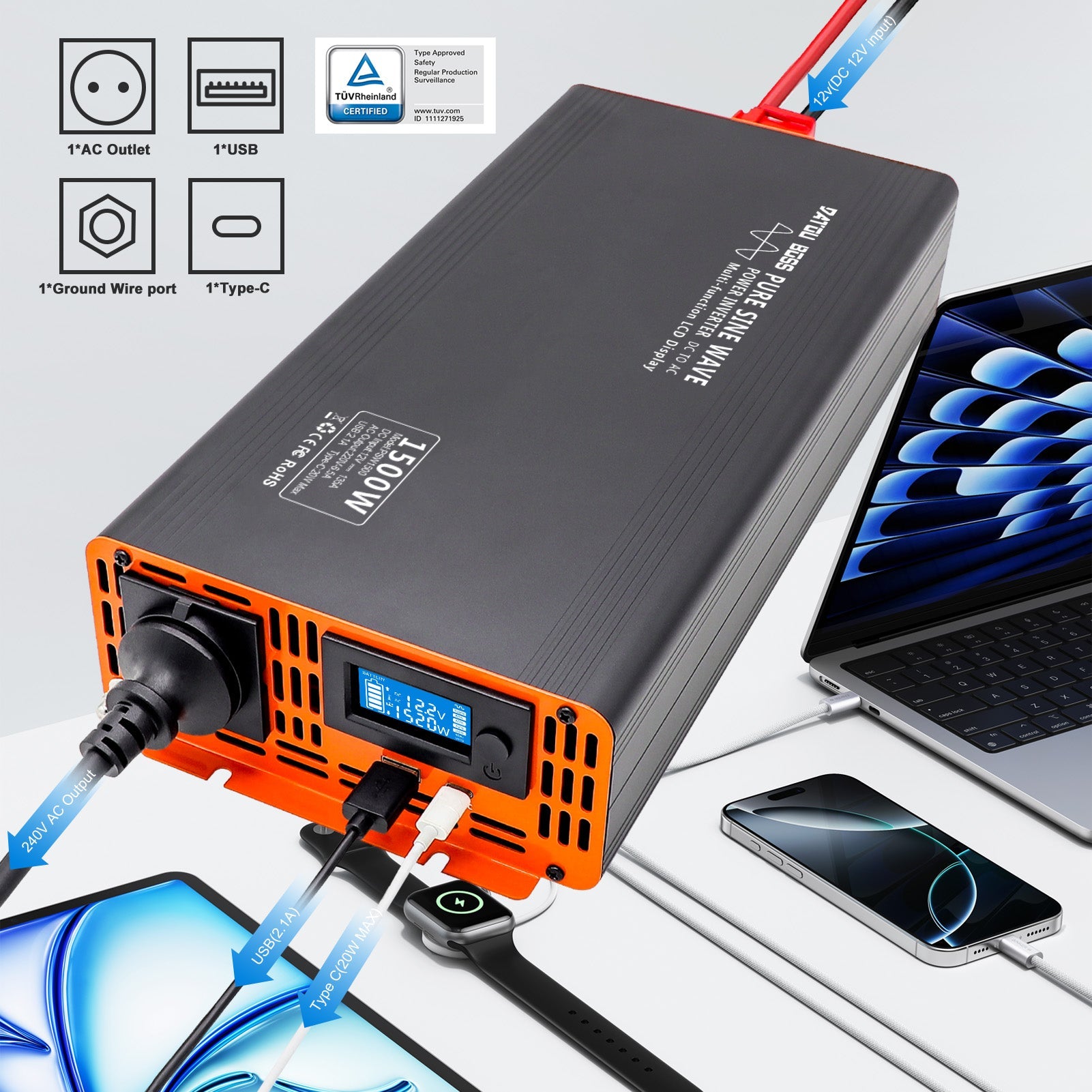 DATOUBOSS 1500W Pure Sine Wave Inverter, 12V to 230V AC Voltage Converter, Peak Power 3000W with 1 EU Socket, LCD Screen, 1 Type-C and 1 USB Ports for Household Appliances, Motorhome Car, Truck Secondary image