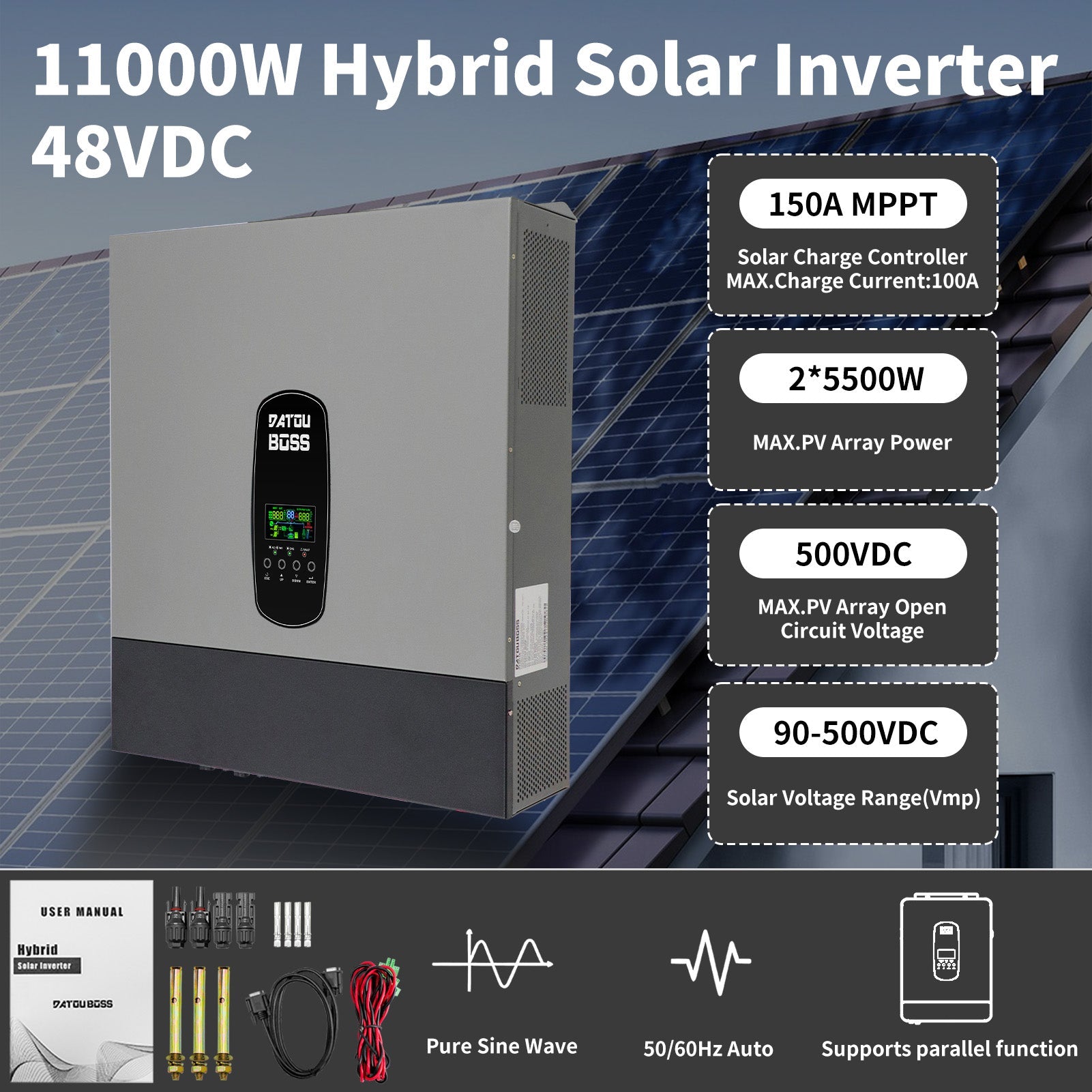 DATOUBOSS 11KW Hybrid Inverter 48V, Hybrid Solar Inverter On Grid, Supports Battery-Free Operation, 48V DC to 220/230V AC, BMS Protection System, with 150A MPPT for 48V, 18A PV Input(Compatible with WiFi 04) Secondary image