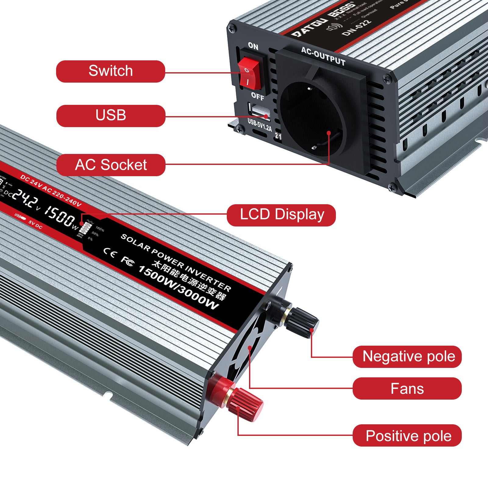 DATOUBOSS 1500W Pure Sine Wave Inverter, 24V to 230V AC Car Power Converter, Peak Power 3000W with EU Sockets, USB Ports and LED Display for Household Appliances, Car, Caravan, Truck Secondary image
