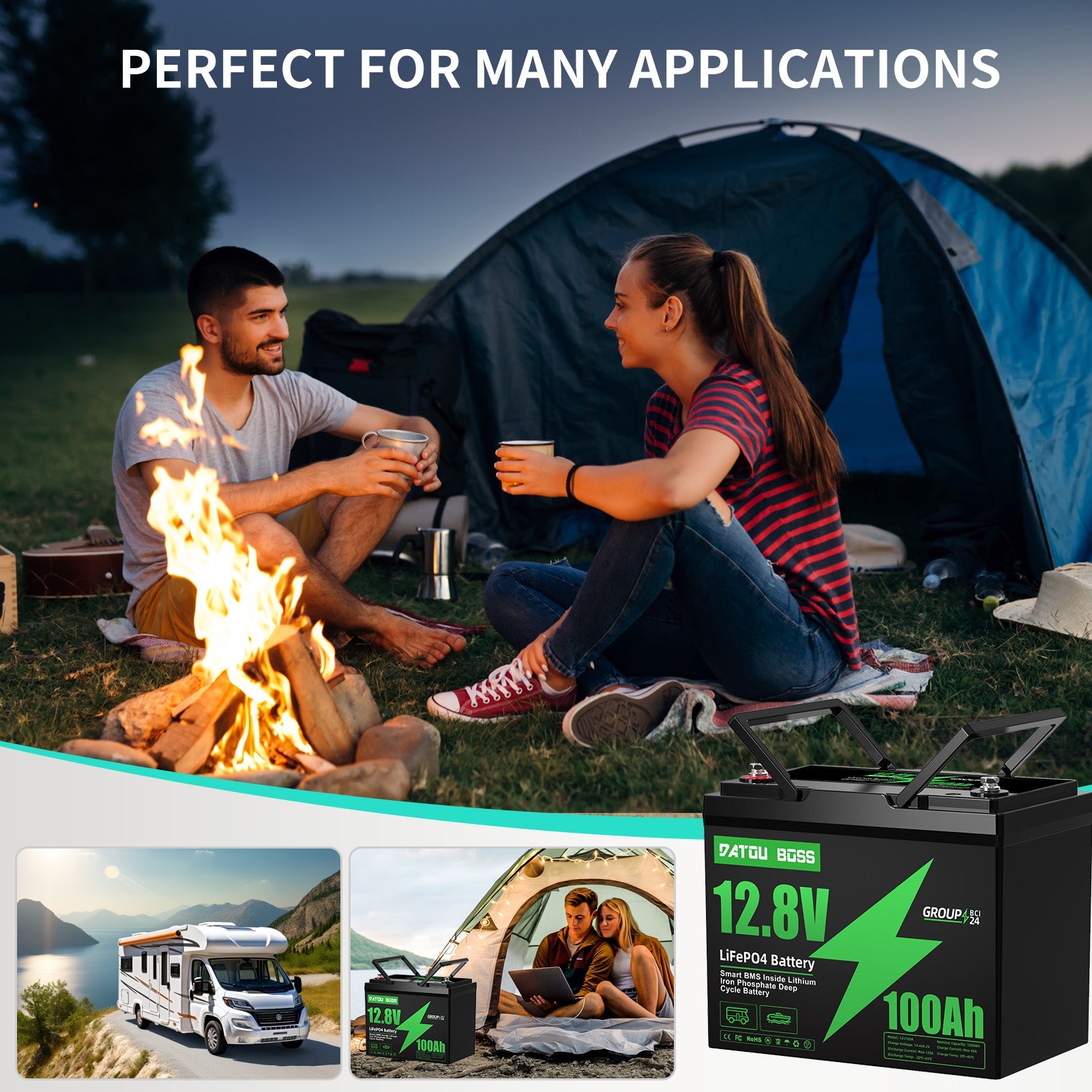 DATOUBOSS 12V 100Ah Lithium LiFePO4 Battery with 100A BMS  Deep Cycle Battery for Car Home Solar System