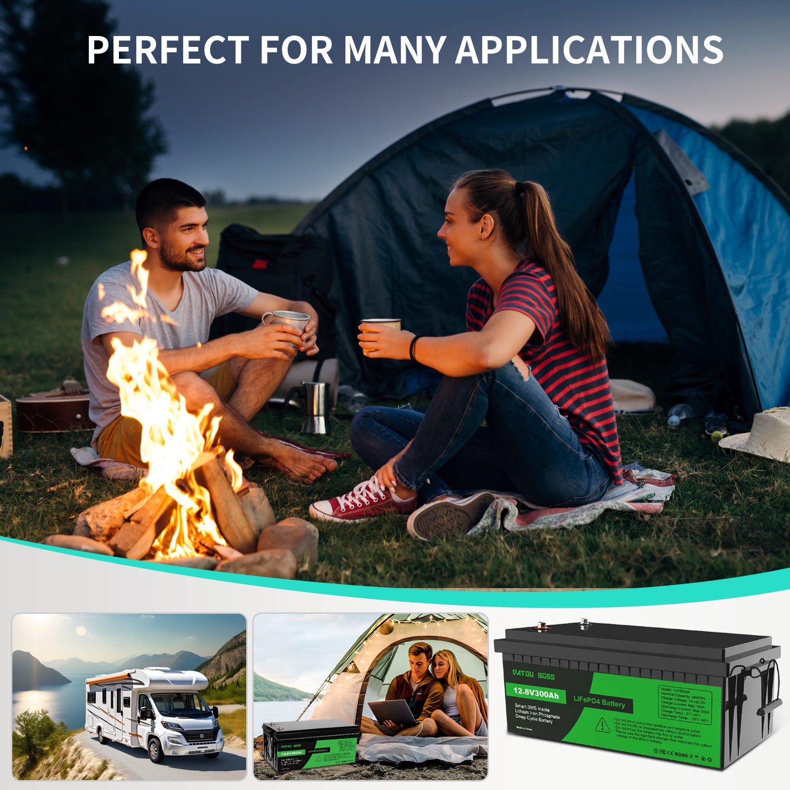 DATOUBOSS 12V 300Ah Lithium LiFePO4 Battery with 200A BMS  Deep Cycle Battery for RV DIY Car Solar Home System
