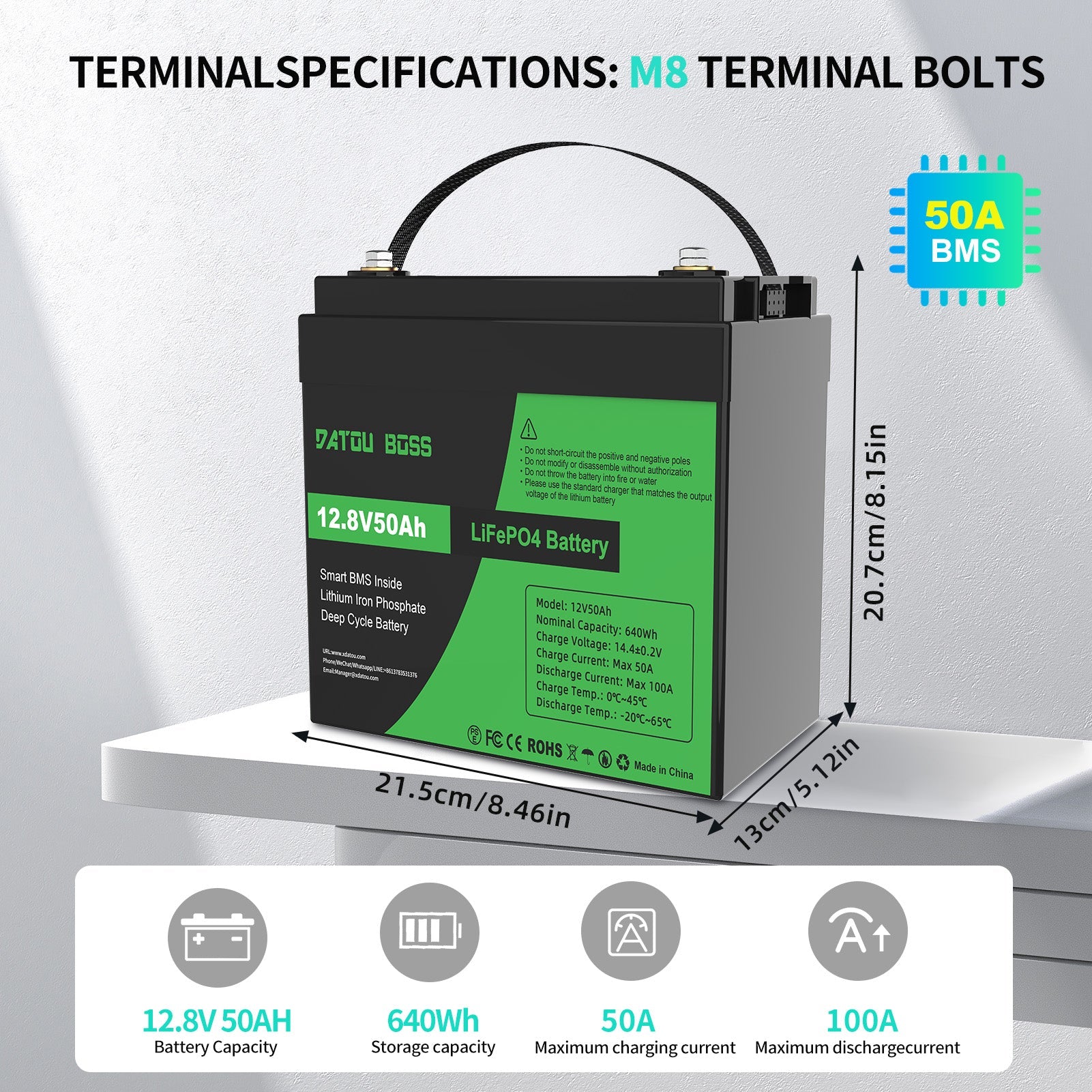 DATOUBOSS 12V 50Ah LiFePO4 Lithium Battery with 50A BMS  Deep Cycle Battery for RV Solar Home System Secondary image