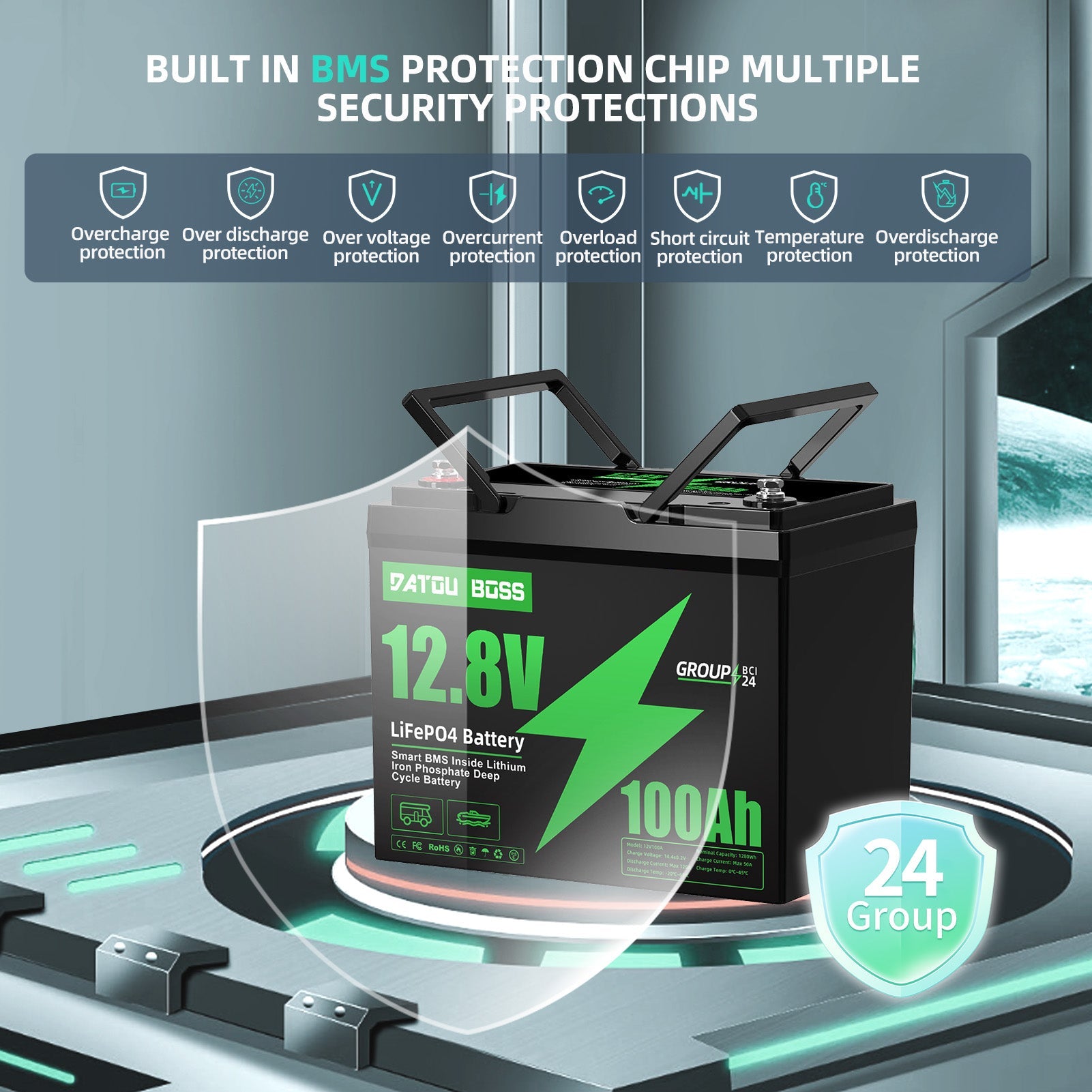 DATOUBOSS 12V 100Ah Lithium LiFePO4 Battery with 100A BMS  Deep Cycle Battery for Car Home Solar System