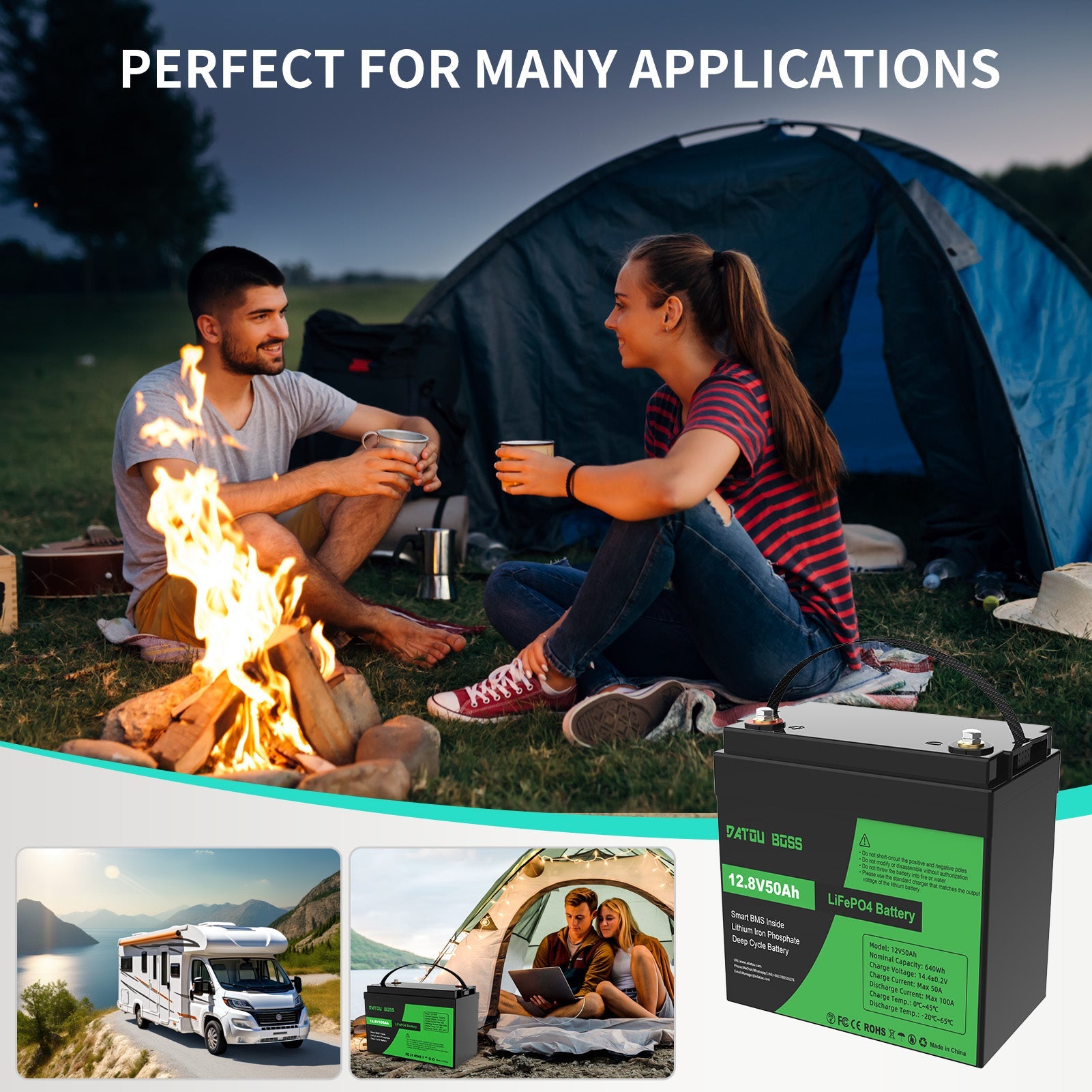 DATOUBOSS 12V 50Ah LiFePO4 Lithium Battery with 50A BMS  Deep Cycle Battery for RV Solar Home System