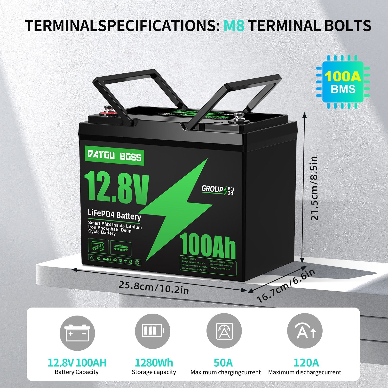 DATOUBOSS 12V 100Ah Lithium LiFePO4 Battery with 100A BMS  Deep Cycle Battery for Car Home Solar System