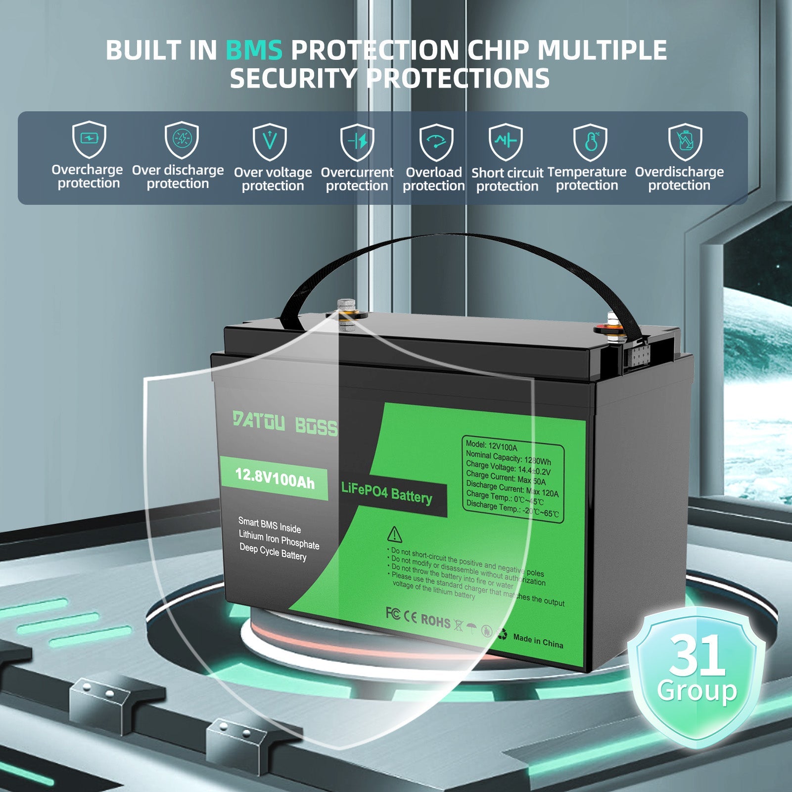 DATOUBOSS 12V 100Ah LiFePO4 Lithium Battery with 100A BMS  Deep Cycle Battery for RV Solar Home System