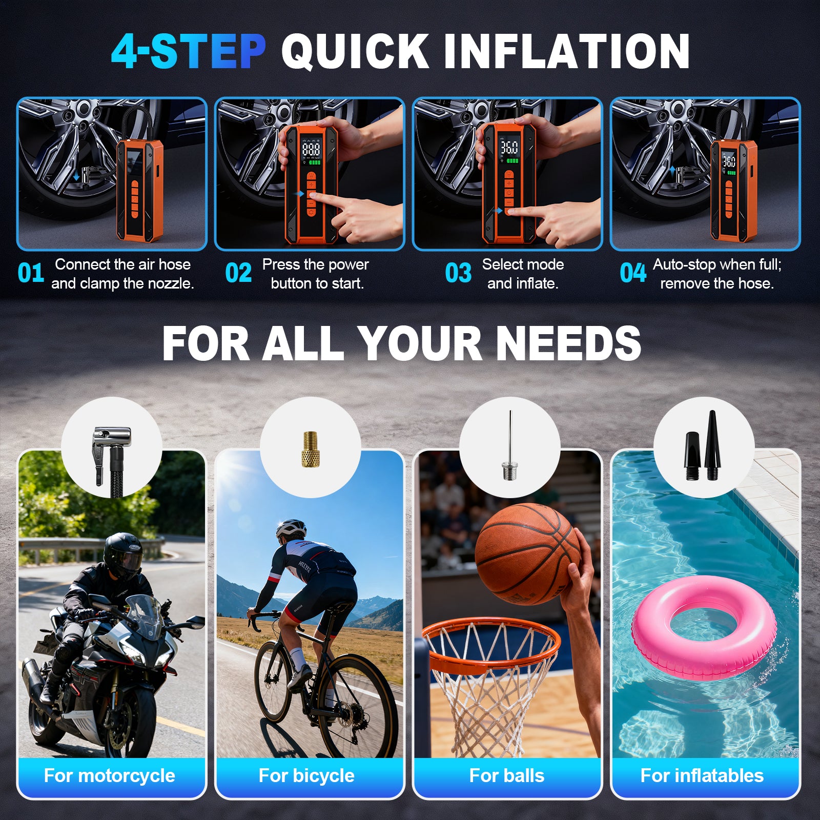 Car Jumper Starter Portable Battery Pack With 150PSI Tire Inflator, Jump Starter With Air Compressor,12V Jump Box For Car Charger Battery Booster With LCD Display, 3-Mode Emergency Flashlight