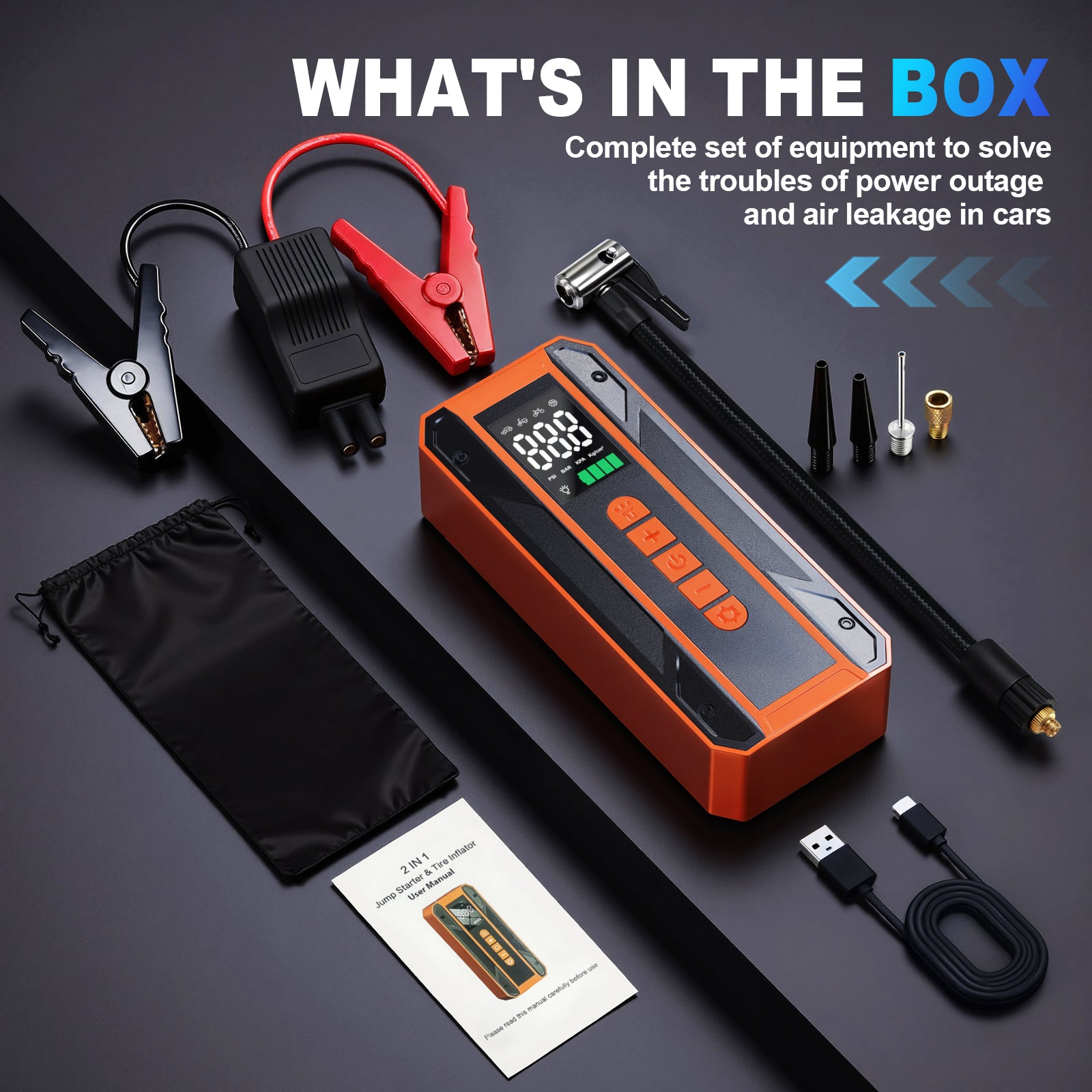 Car Jumper Starter Portable Battery Pack With 150PSI Tire Inflator, Jump Starter With Air Compressor,12V Jump Box For Car Charger Battery Booster With LCD Display, 3-Mode Emergency Flashlight